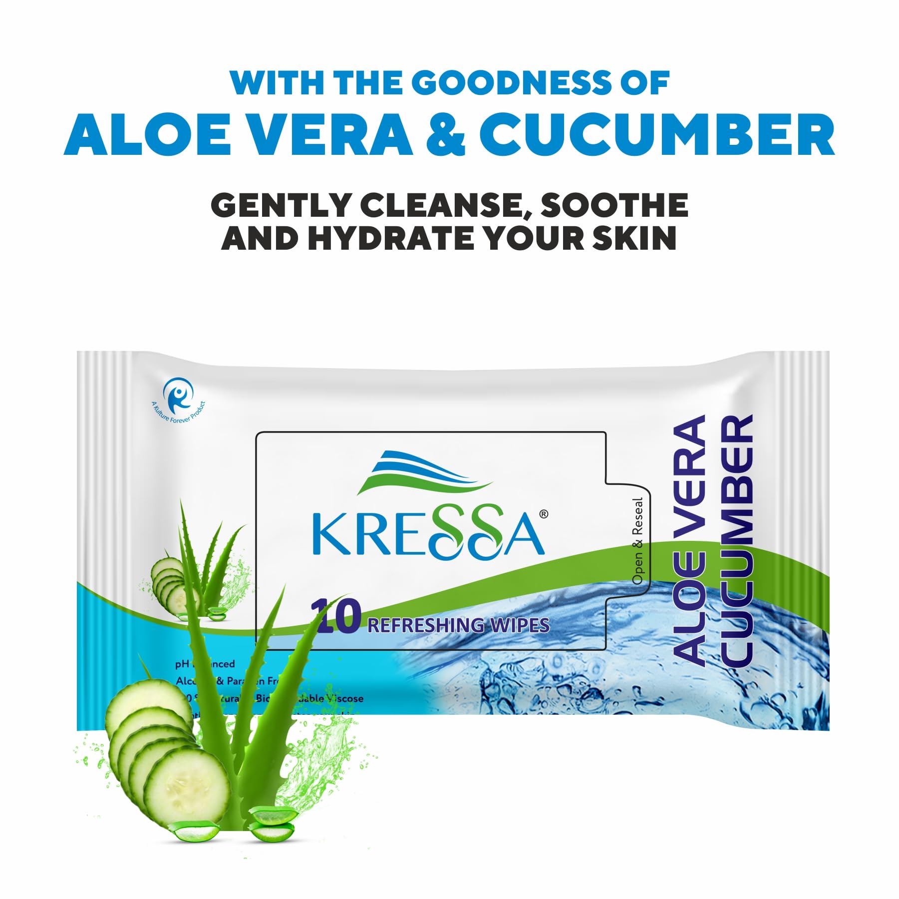 Kressa Aloe Vera & Cucumber Refreshing Facial Cleansing Wipes - Natural Viscose Fiber, Hydrating, Paraben & Alcohol Free (10 Pack) | Gentle Makeup Remover, Post-Workout Refresh, Travel Skincare Essential