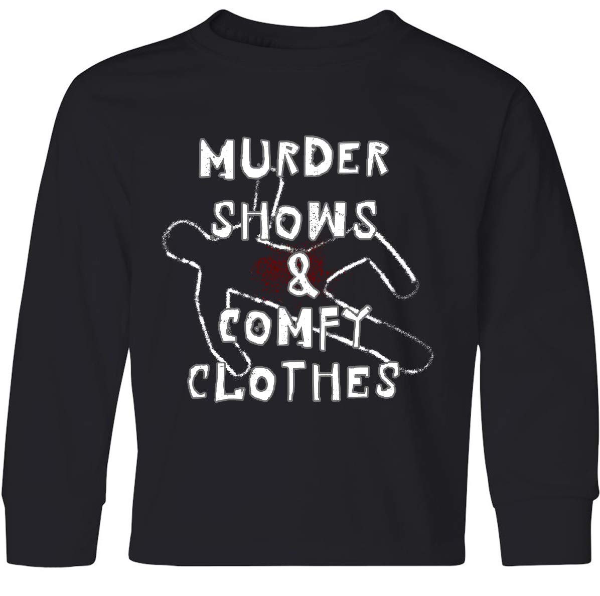 Inktastic Murder Shows & Comfy Clothes Bloody Chalk Youth Long Sleeve T-Shirt | True Crime Fan Gift, Halloween Costume, Horror Movie Merch