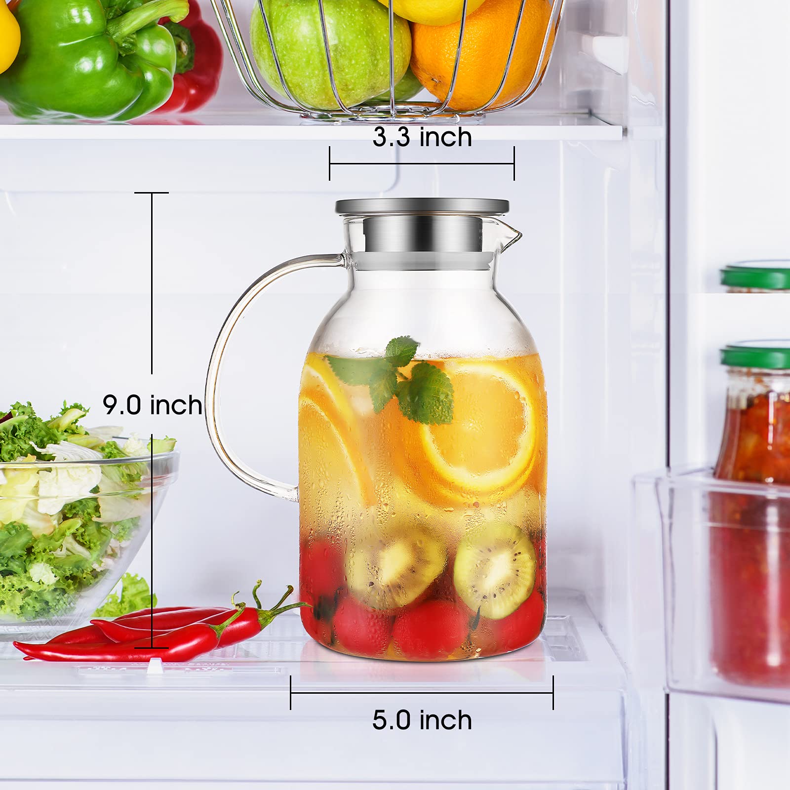 75oz Glass Pitcher with Lid & Free Brush - Heat Resistant Water Pitcher with Spout - Iced Tea, Juice & Beverage Carafe - Perfect for Fridge Storage & Entertaining - BPA-Free Large Capacity Pitcher for Lemonade, Cocktails & Party Drinks