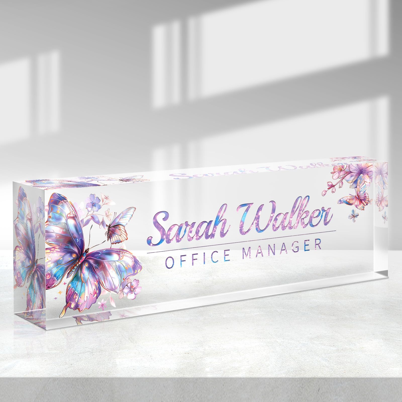Personalized Acrylic Desk Name Plate - Custom Office Name Sign for Coworkers, Employees, Teachers & Bosses - Elegant Purple Gilt Butterfly Design - Perfect for Appreciation Gifts & Office Decor (Ideal for Workspace Organization & Professional Gifting)