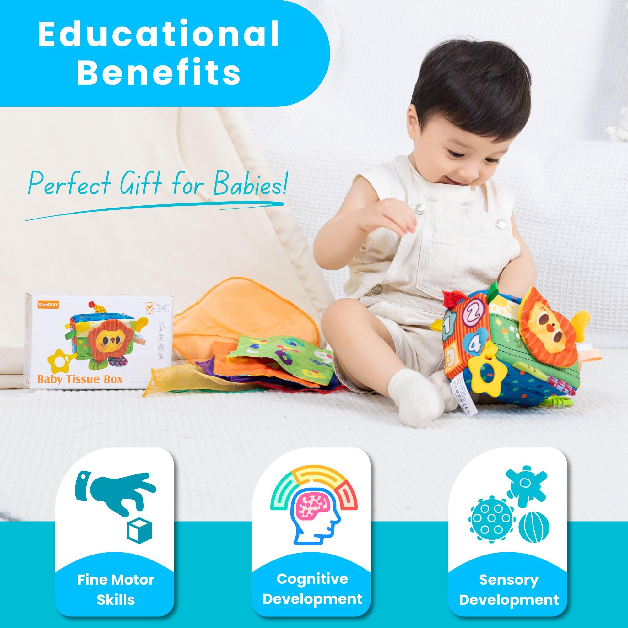 PlenPLAY Baby Tissue Box Toy - Sensory Development & Learning Toys for 6-12 Months - Montessori Educational Toys for 1 Year Old - Soft Pull & Play Activity for Toddlers - Perfect for Home, Daycare & Travel Playtime