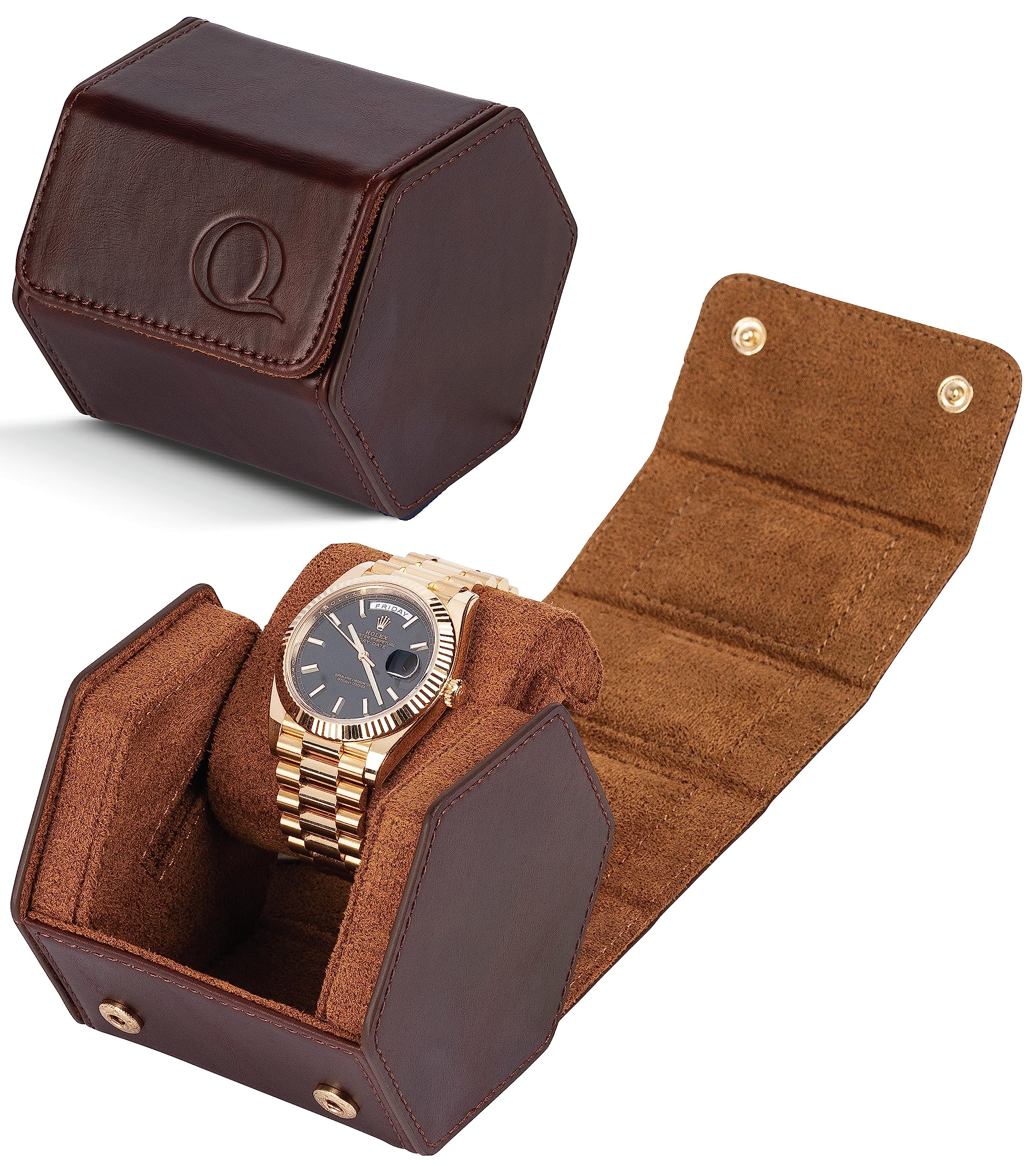 Men's Leather Watch Case - Hexagon Travel Roll for 1-2 Watches | Storage & Display | Napa Leather & Velvet Interior | Perfect for Travel & Gifts