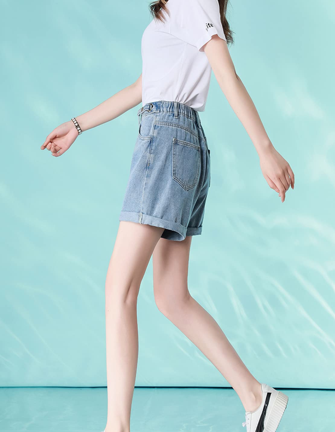 Women's Summer Casual Denim Shorts - Adjustable Elastic Waist, Loose Wide Leg & Rolled Up Hem | Perfect for Beach, Vacation & Everyday Wear
