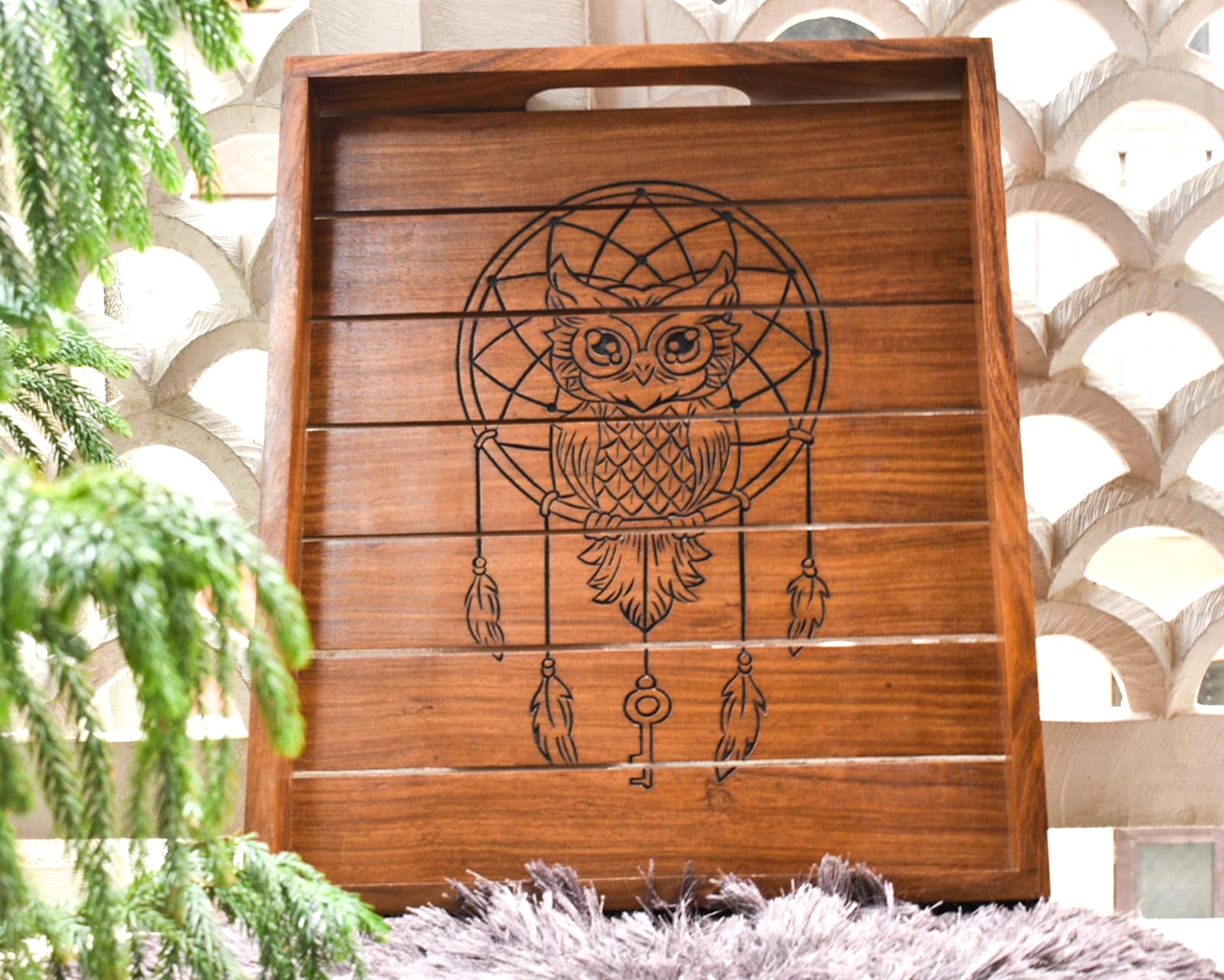 Hand Carved Indian Rosewood Rectangular Serving Tray with Owl Design - 15x12.5 Inch Handmade Decorative Wooden Tray with Handle - Perfect for Tea Service, Breakfast in Bed, and Home Decor Gifts