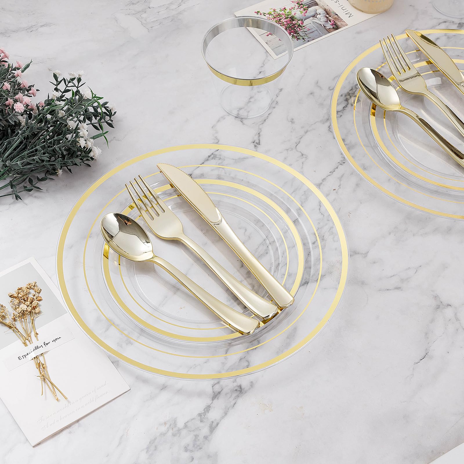 600-Piece Clear Gold Plastic Dinnerware Set for 100 Guests - Disposable Plates, Dessert Plates, Cups, Spoons, Forks & Knives - Perfect for Parties, Christmas, New Year & Special Events