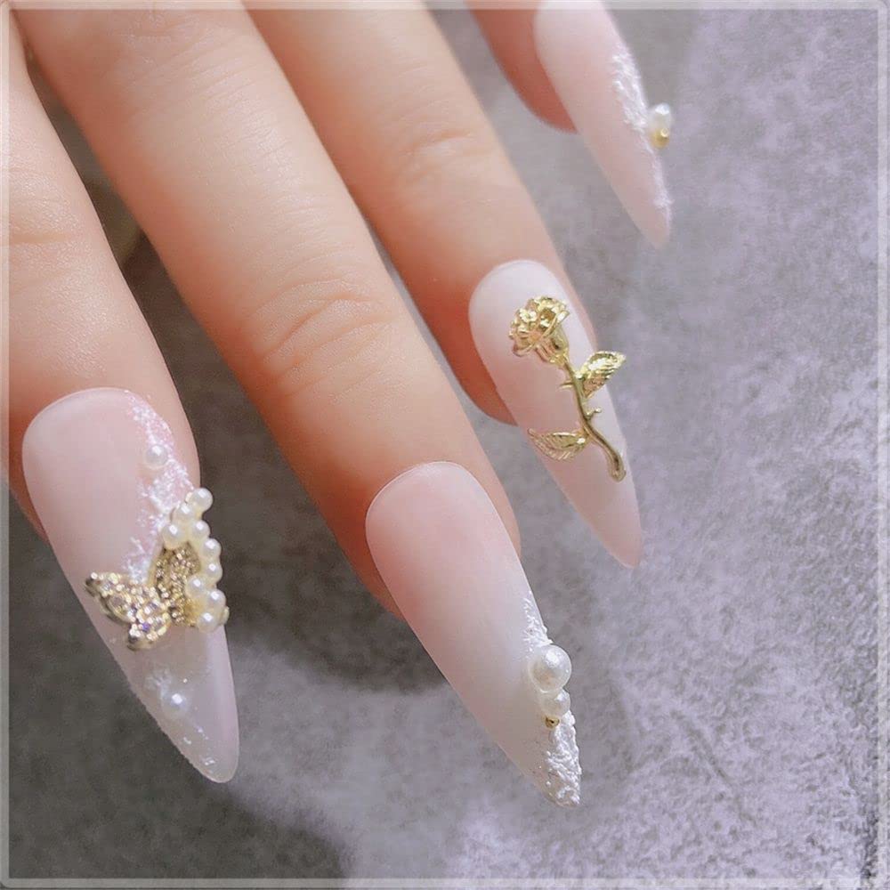 10pcs Luxury Metal Rose Flower Nail Art Decorations - Gold & Silver DIY Nail Jewelry with Rhinestones (K2619) for Bridal, Party, and Special Occasion Nail Designs