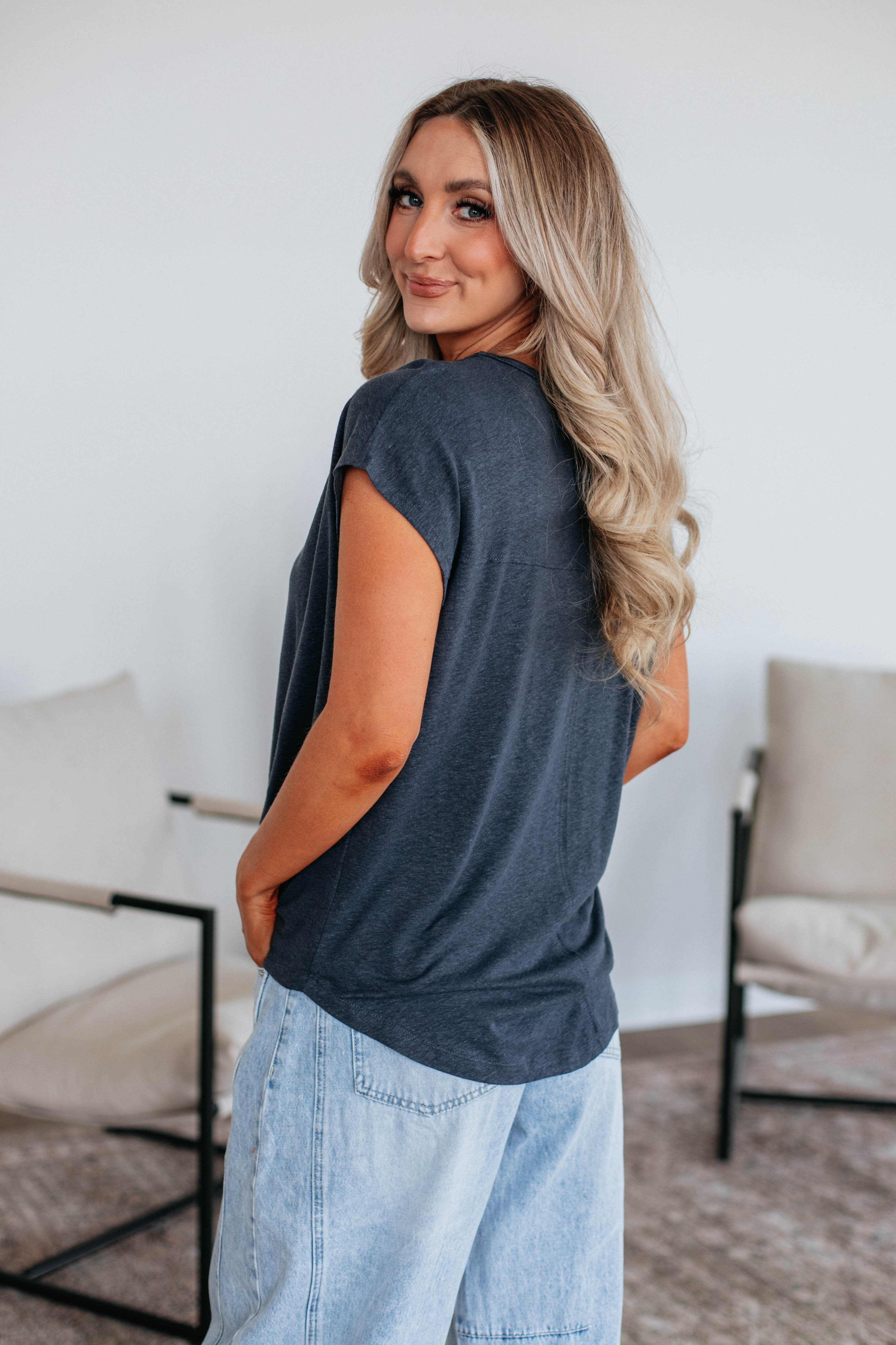Arden Women's Linen Blouse - Soft Breathable Charcoal Gray Tops for Casual Wear & Summer Outfits