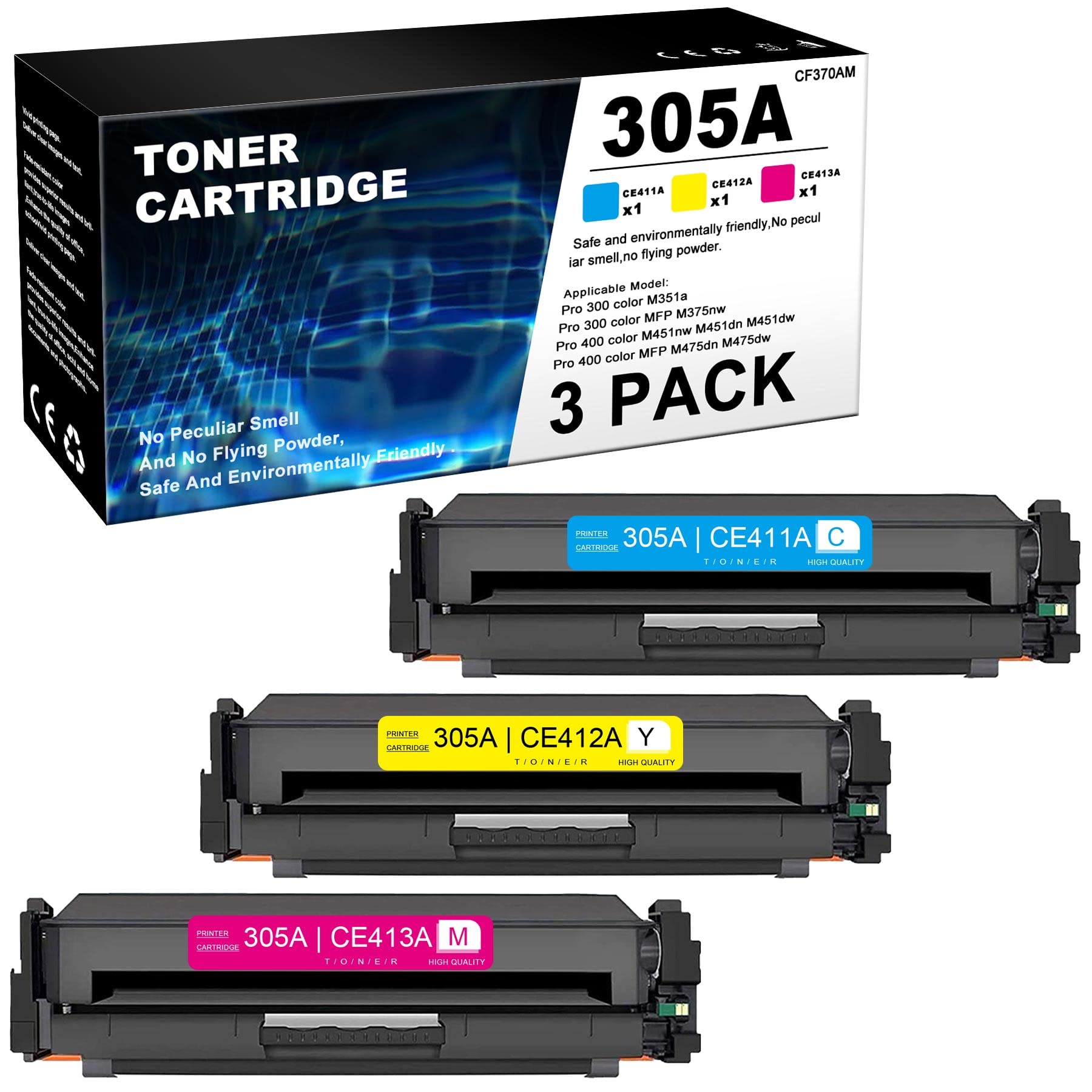 JETACOLOR 3-Pack (1C+1M+1Y) Compatible 305A/CF370AM Toner Cartridge Replacement for HP Pro 400 M451nw/M451dn/M451dw & MFP M475dn/M475dw, Pro 300 M351a & MFP M375nw Printers - High-Yield Printing for Office & Home Use