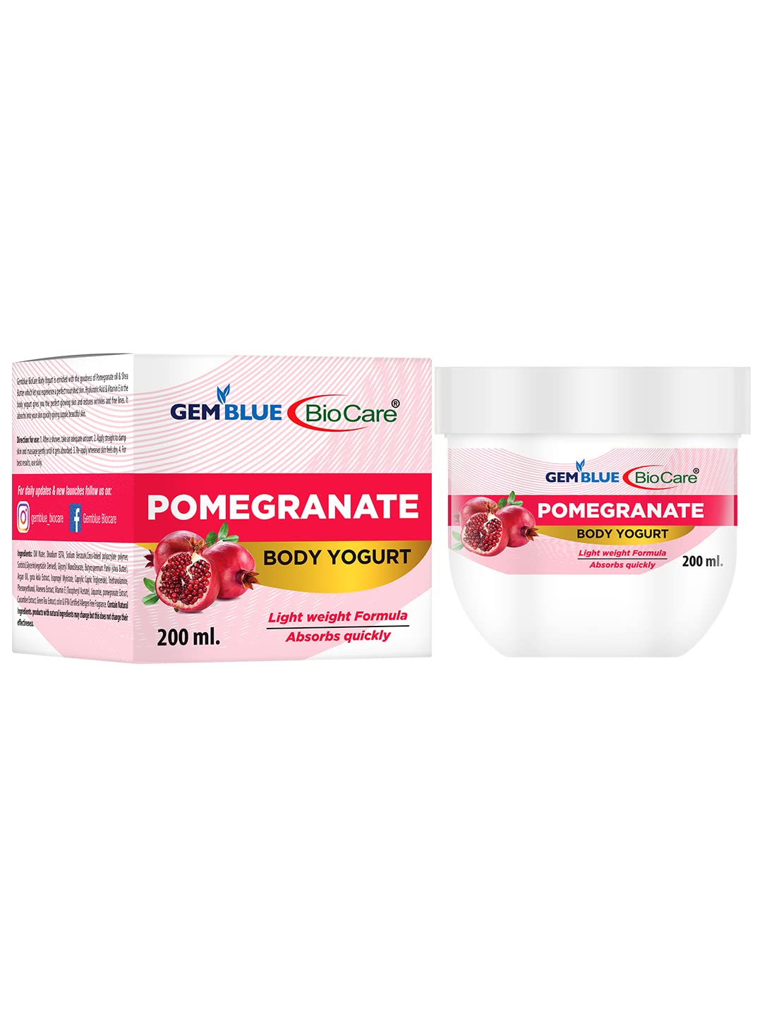 Gemblue Biocare Pomegranate Body Yogurt 200ml - Hydrating & Nourishing Body Cream for Dry, Dull Skin | Moisturizing Body Lotion with Antioxidant Benefits | Perfect for Daily Skincare Routine & Post-Shower Hydration | Pack of 1