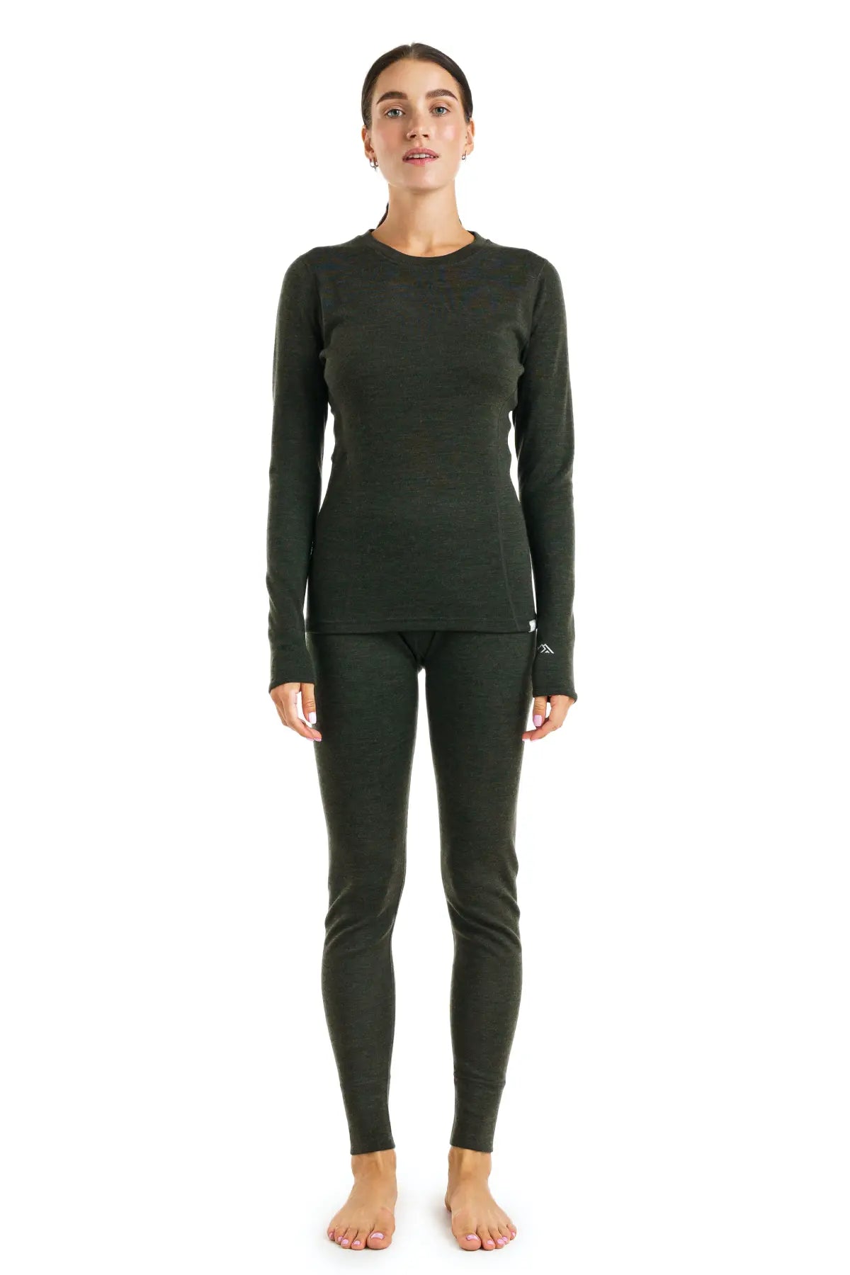 Women's Merino Wool Thermal Underwear Set - 320 GSM Army Green for Winter Warmth & Outdoor Activities