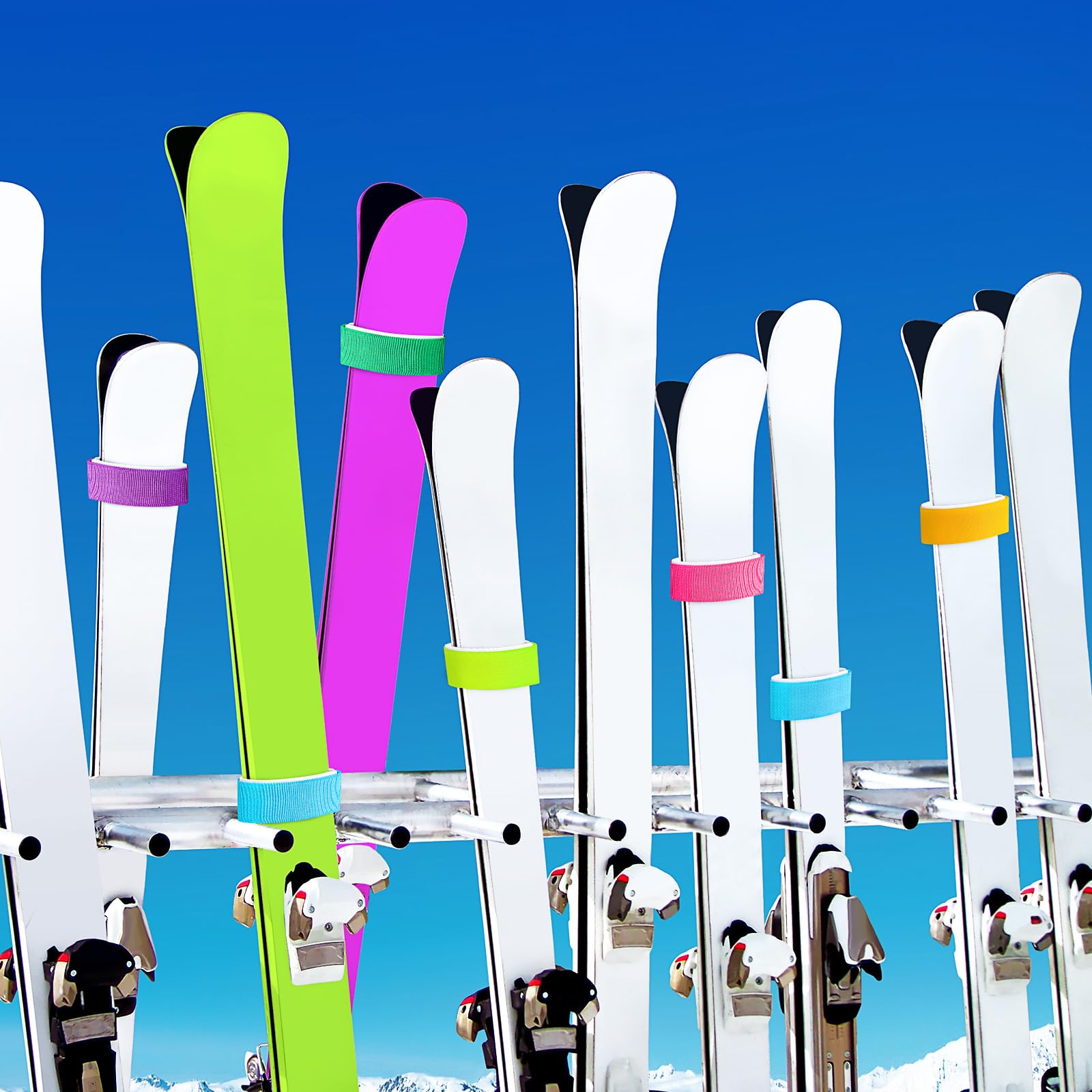 12pcs Adjustable Ski Straps - Heavy Duty Hook & Loop Fasteners with EVA Protector Pads for Ski Equipment, Snowboard, and Winter Sports Gear - Perfect for Carrying Skis, Poles, and Snowboards During Travel or Storage