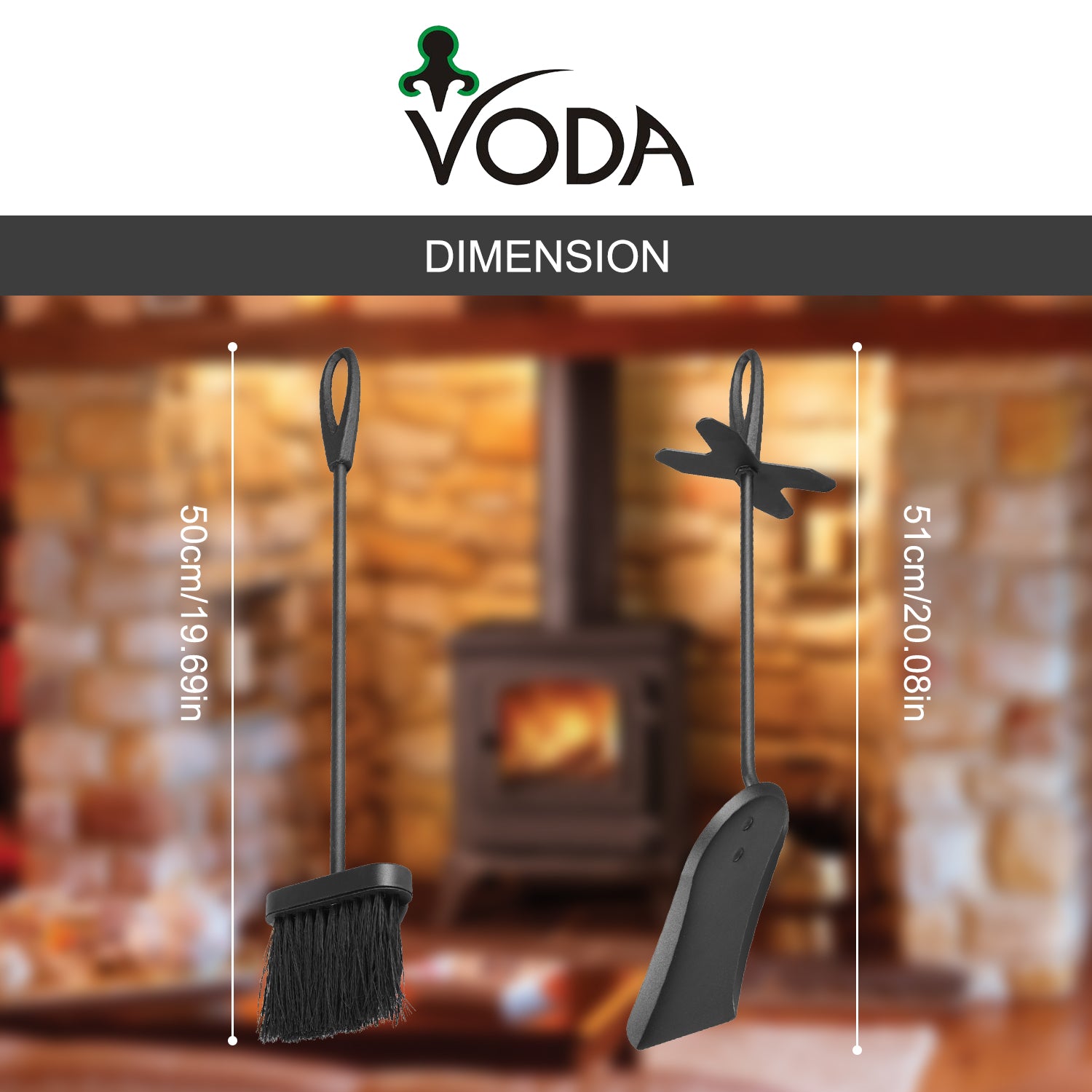 VODA™ Fireplace Tools Set VDTS400 - Heavy Duty Fireplace Poker, Brush, Shovel & Stand - Perfect for Indoor & Outdoor Fire Pits, Wood Stoves, and Fireplaces