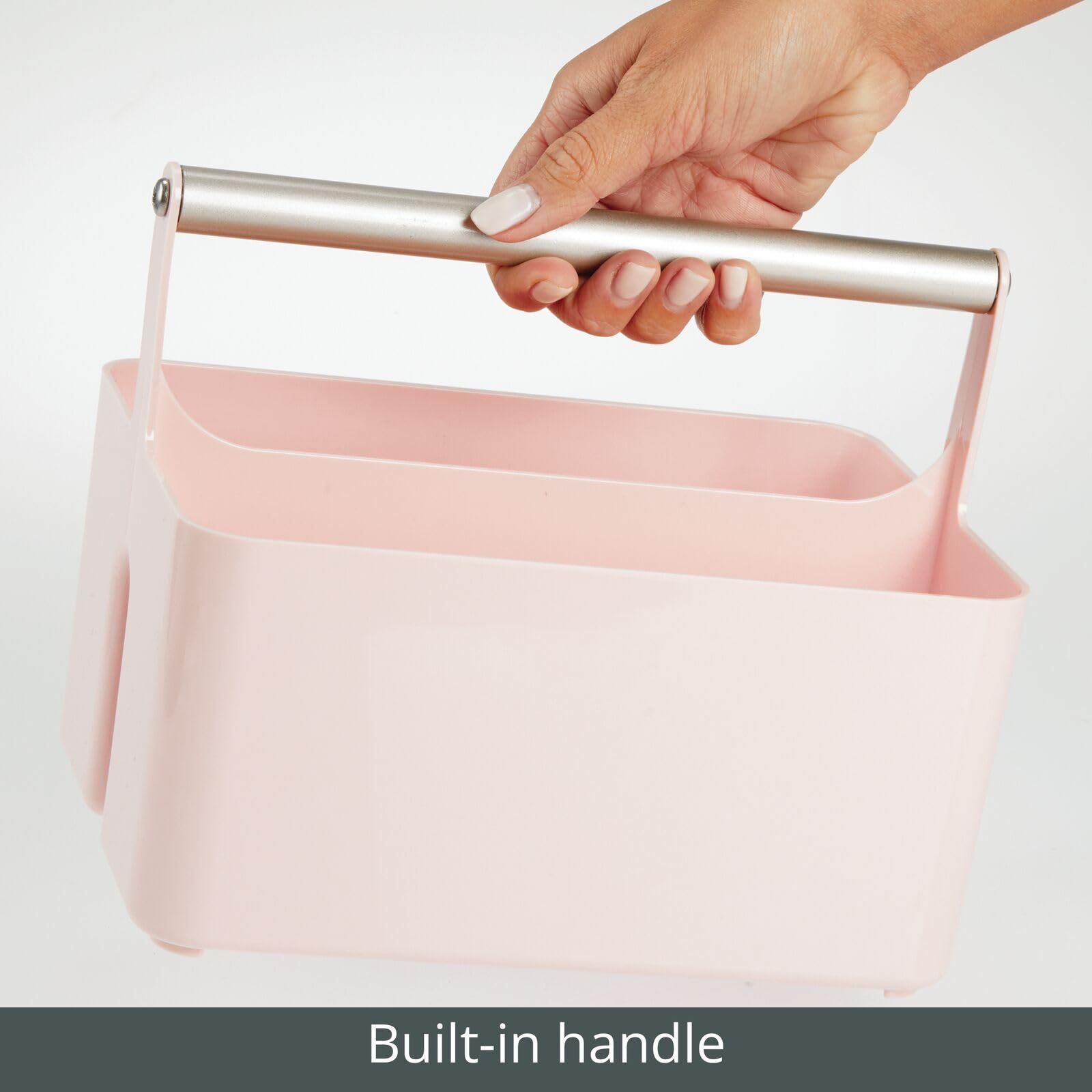 mDesign Plastic Shower Caddy Organizer with Metal Handle - Bathroom Storage Basket for Soap, Shampoo & Conditioner - Aura Collection in Light Pink/Satin - Perfect for Bathroom, Dorm & Kitchen Organization