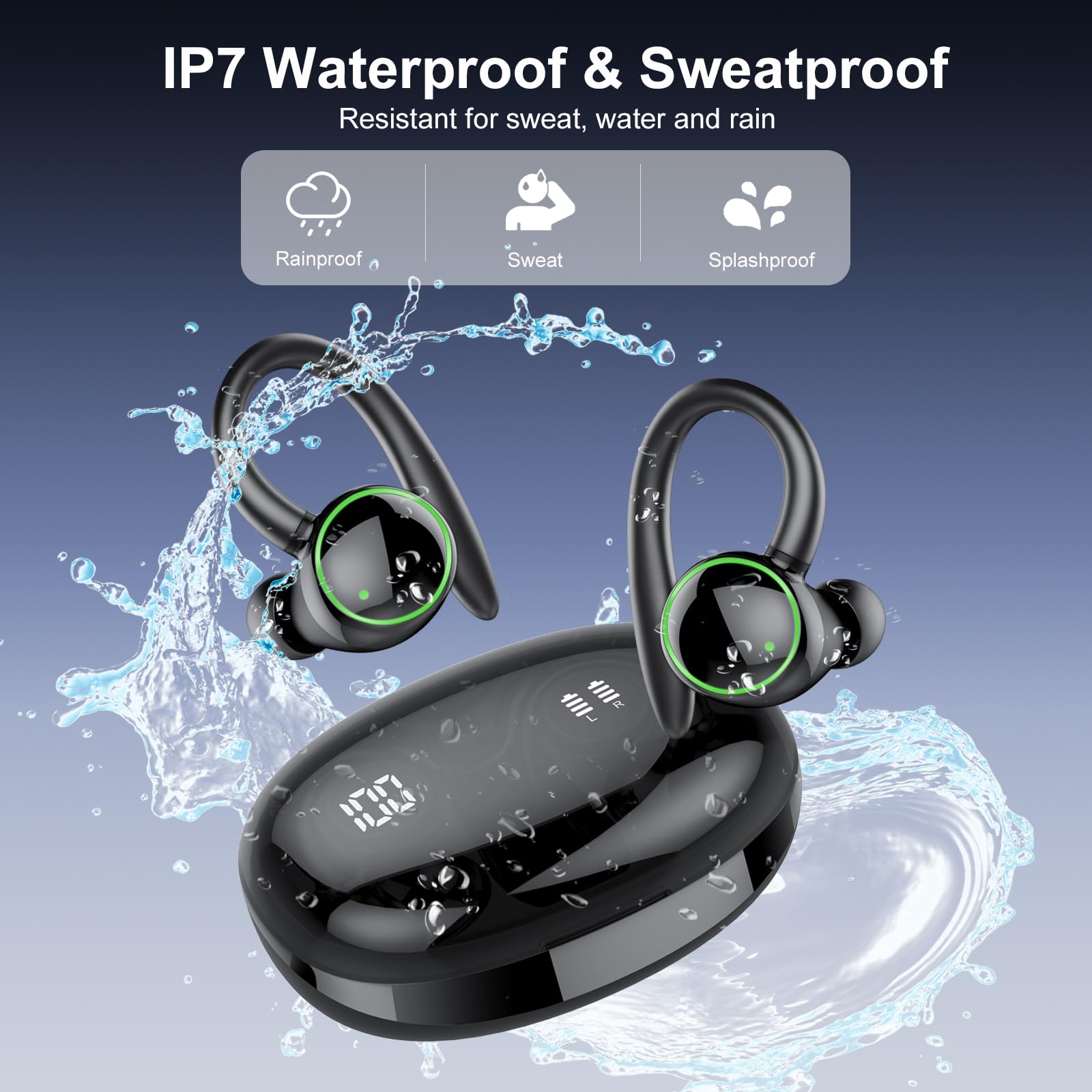 Wireless Bluetooth 5.3 Earbuds with ENC Noise Cancelling Mic, 48H Playtime, IP7 Waterproof Sports Earphones with Earhooks, Stereo Deep Bass - Perfect for Running, Workout, Gym & Outdoor Activities (Black)
