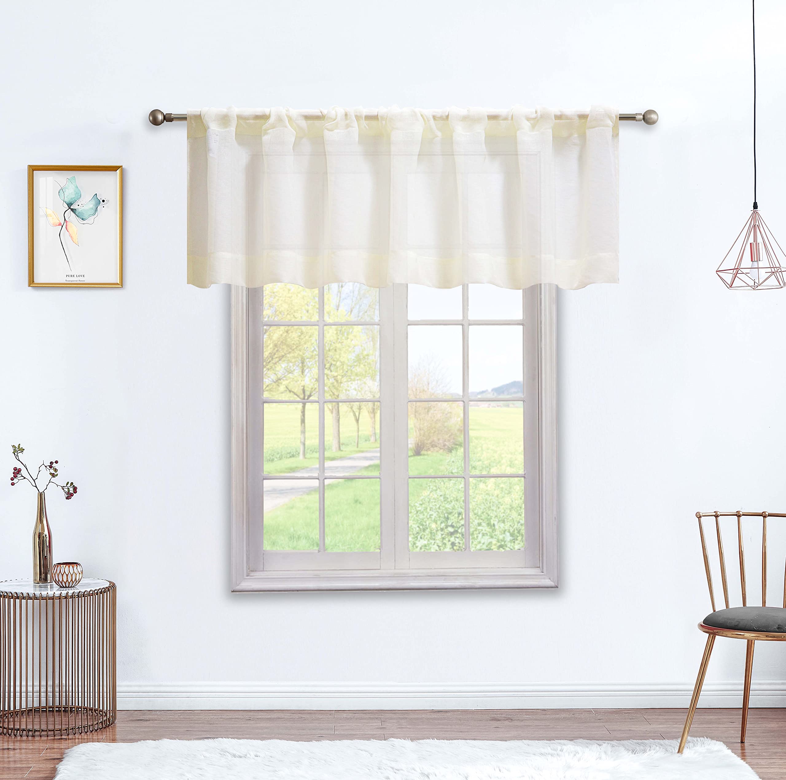 July Joy Ivory Sheer Valance Curtains - 18 Inch Length Rod Pocket Window Drapes, Faux Linen Semi-Sheer Kitchen & Bathroom Curtains (60