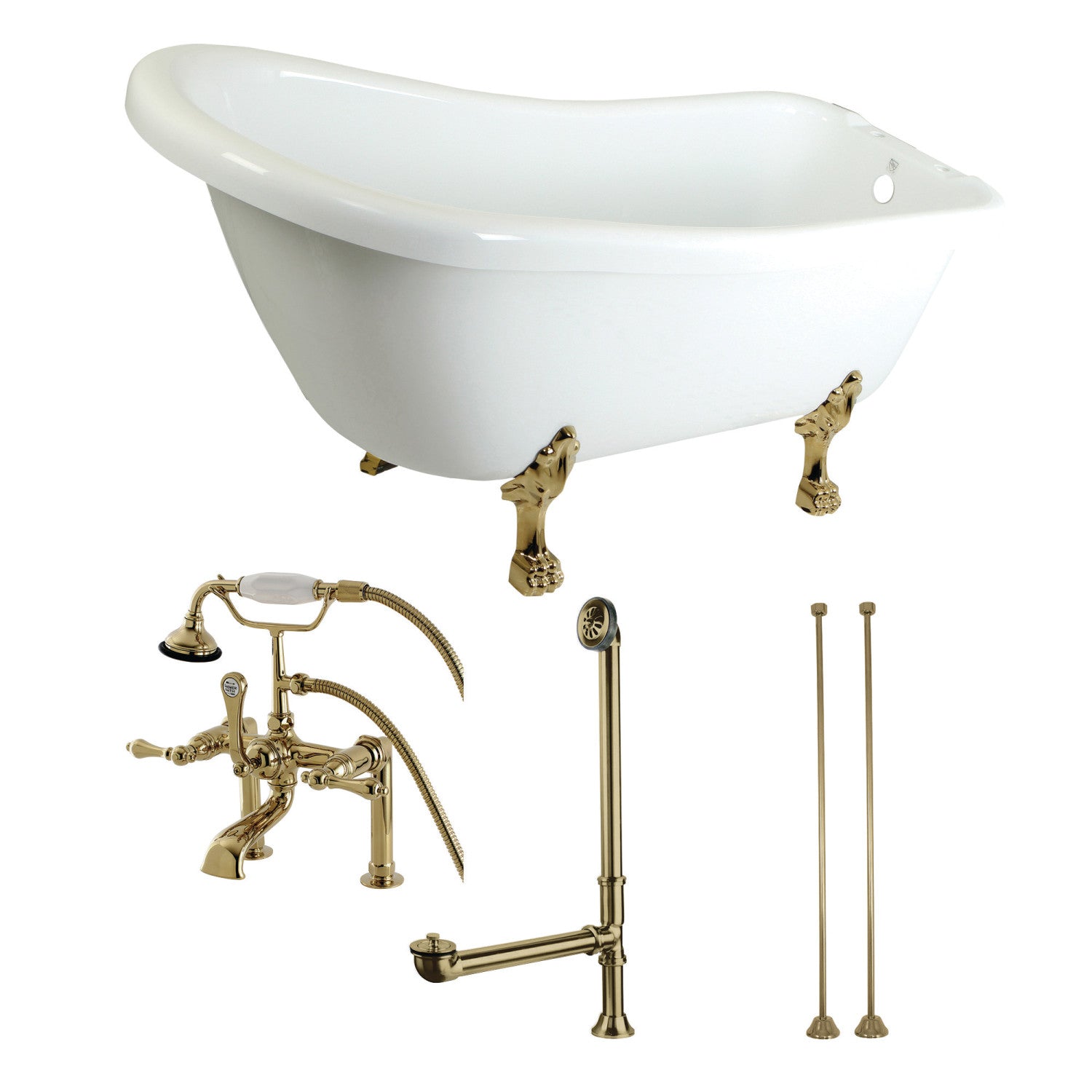 Aqua Eden 67 Inch Acrylic Oval Single Slipper Clawfoot Bathtub with Faucet, Drain & Supply Lines - Glossy White/Polished Brass - Freestanding Soaking Tub for Luxury Bathroom & Spa Relaxation