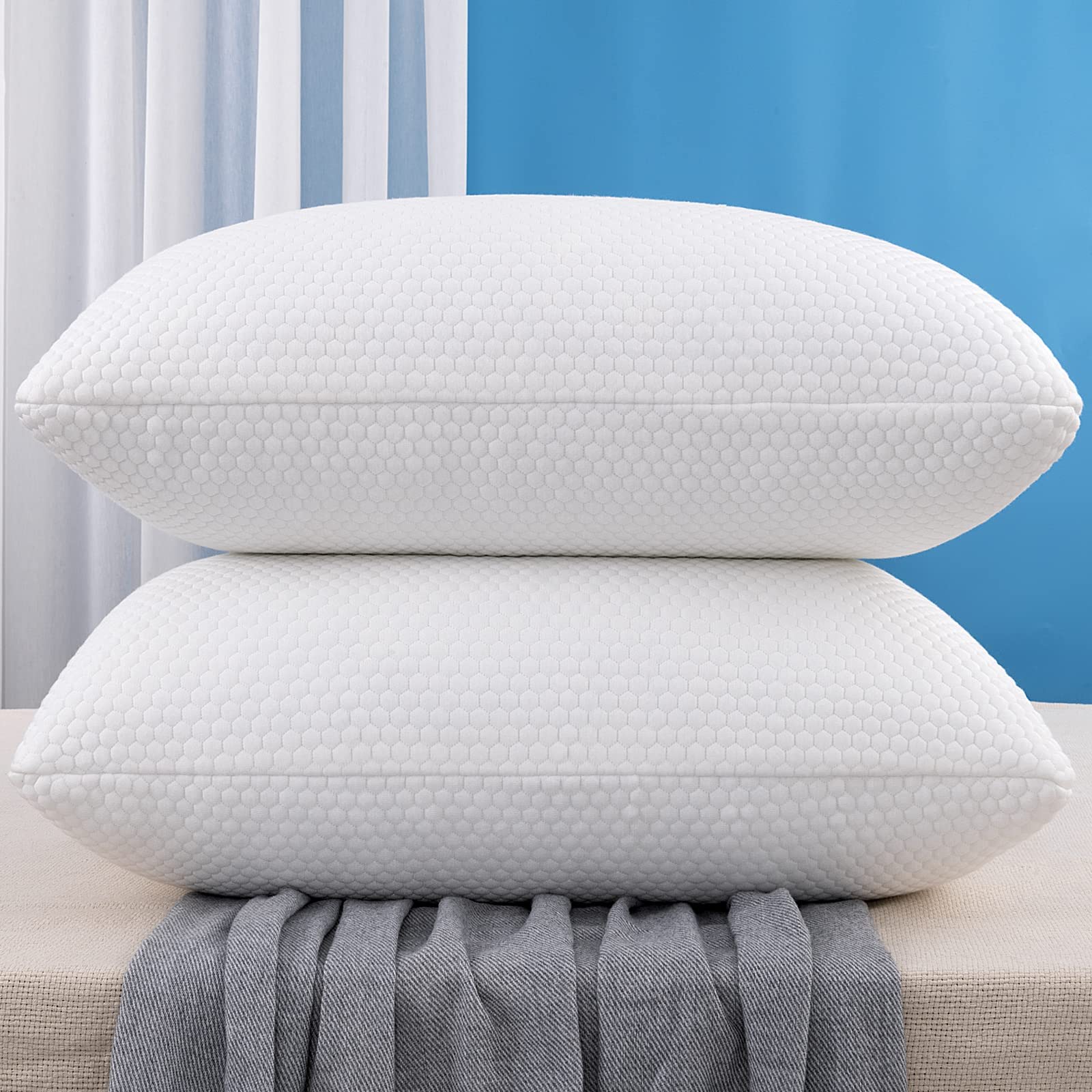 Molblly Queen Size Memory Foam Pillows 2 Pack - Adjustable Loft, Shredded Foam Bed Pillows Set of 2 with Washable Cover for Back & Side Sleepers - Perfect for Home, Hotel, and Guest Room Use