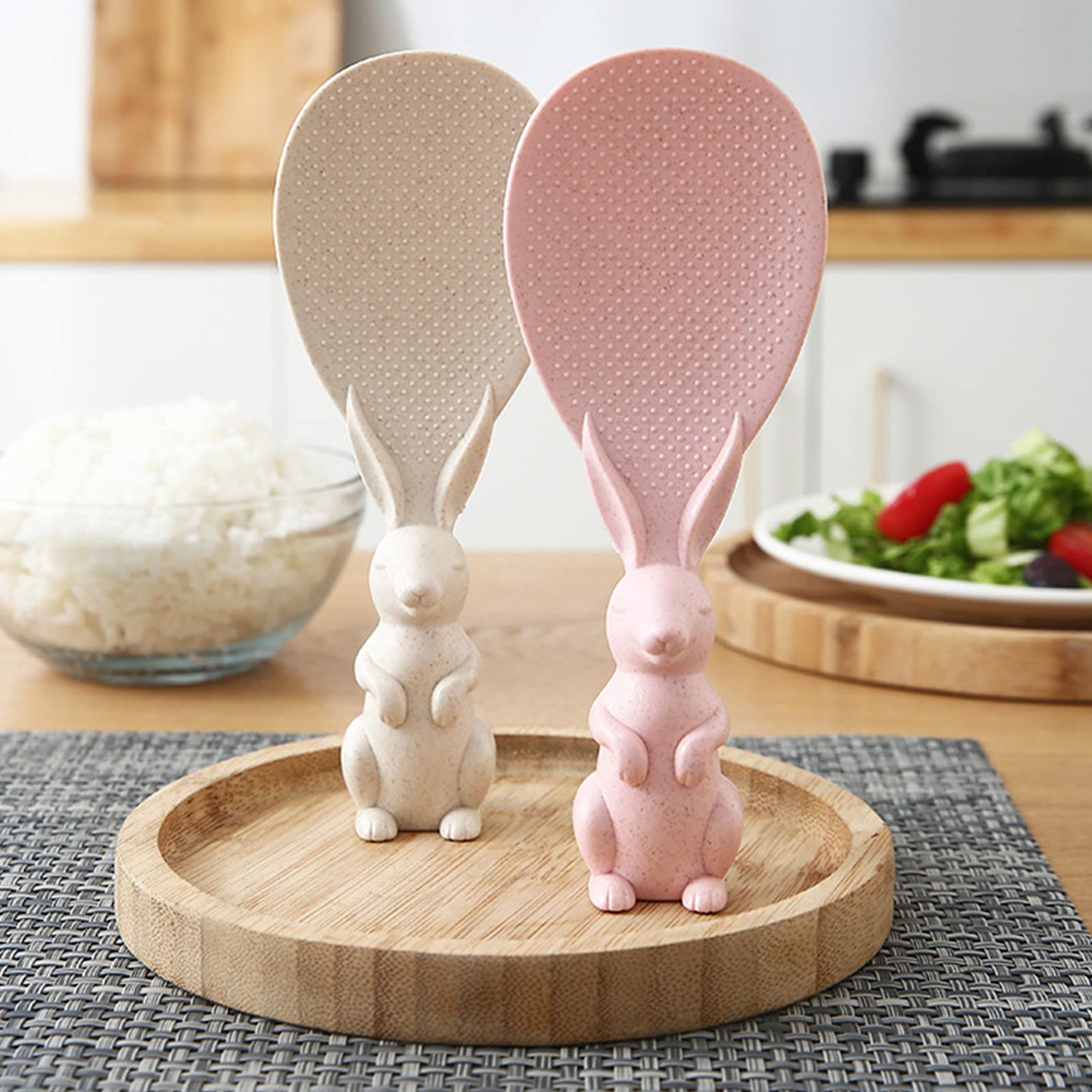 Non-Stick Rice Scoop Set - 4pcs Rabbit Design Rice Paddle Spoon with Stand, Wheat Straw Material for Rice Cooker - Perfect for Serving Rice, Sushi & Grain Dishes in Home Kitchen & Restaurants