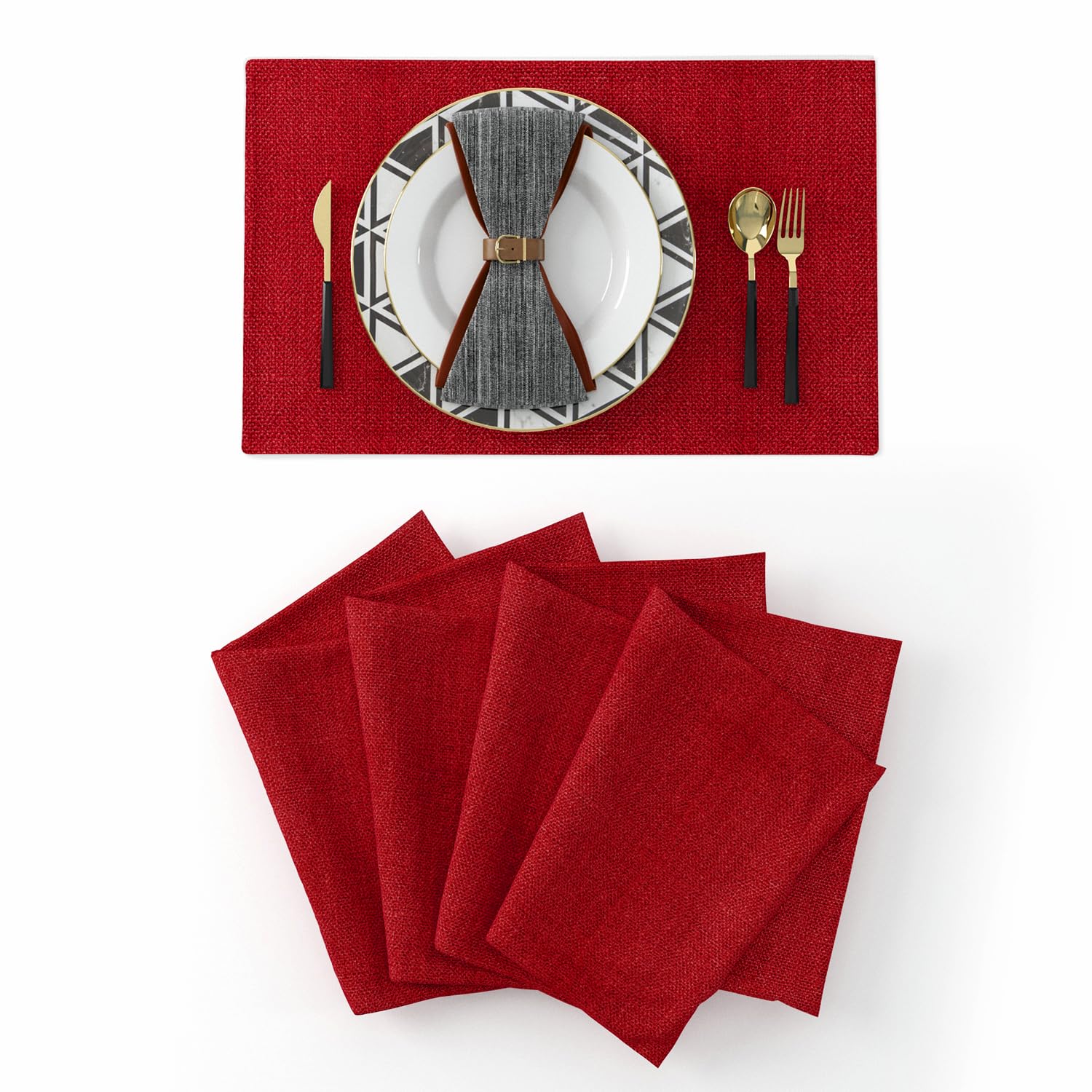 4-Piece Soft Caddice Faux Linen Placemats Set - Heat Resistant Dining Table Mats (12x18 Inches, Burgundy) for Elegant Dinner Parties & Everyday Kitchen Use