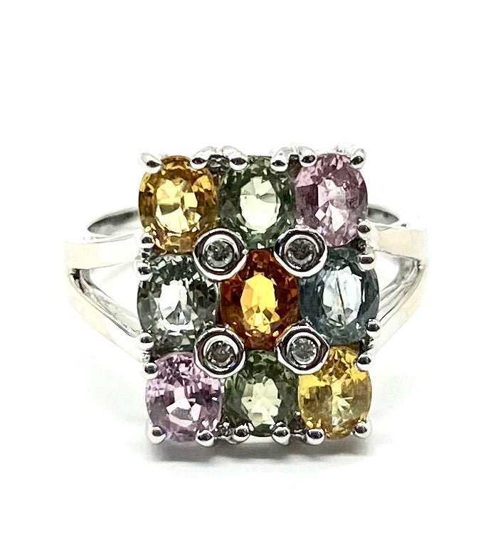 14K White Gold Multi Stone Ring for Women - Elegant Stackable Band with Diamond & Gemstones - Perfect for Engagement, Wedding & Anniversary Gifts