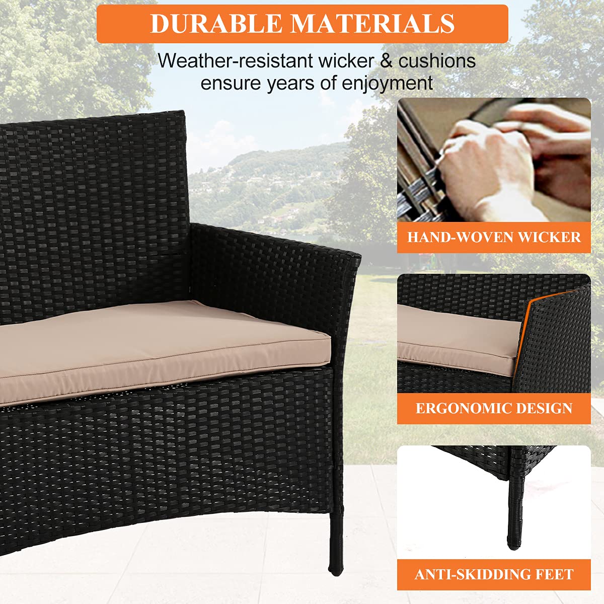 4-Piece Outdoor Patio Furniture Set - Black Wicker Bistro Chairs with Thickened Cushions & Glass Table - Modern Rattan Conversation Set for Backyard, Porch, Poolside, Lawn or Garden - Perfect for Relaxing, Dining & Entertaining Outdoors