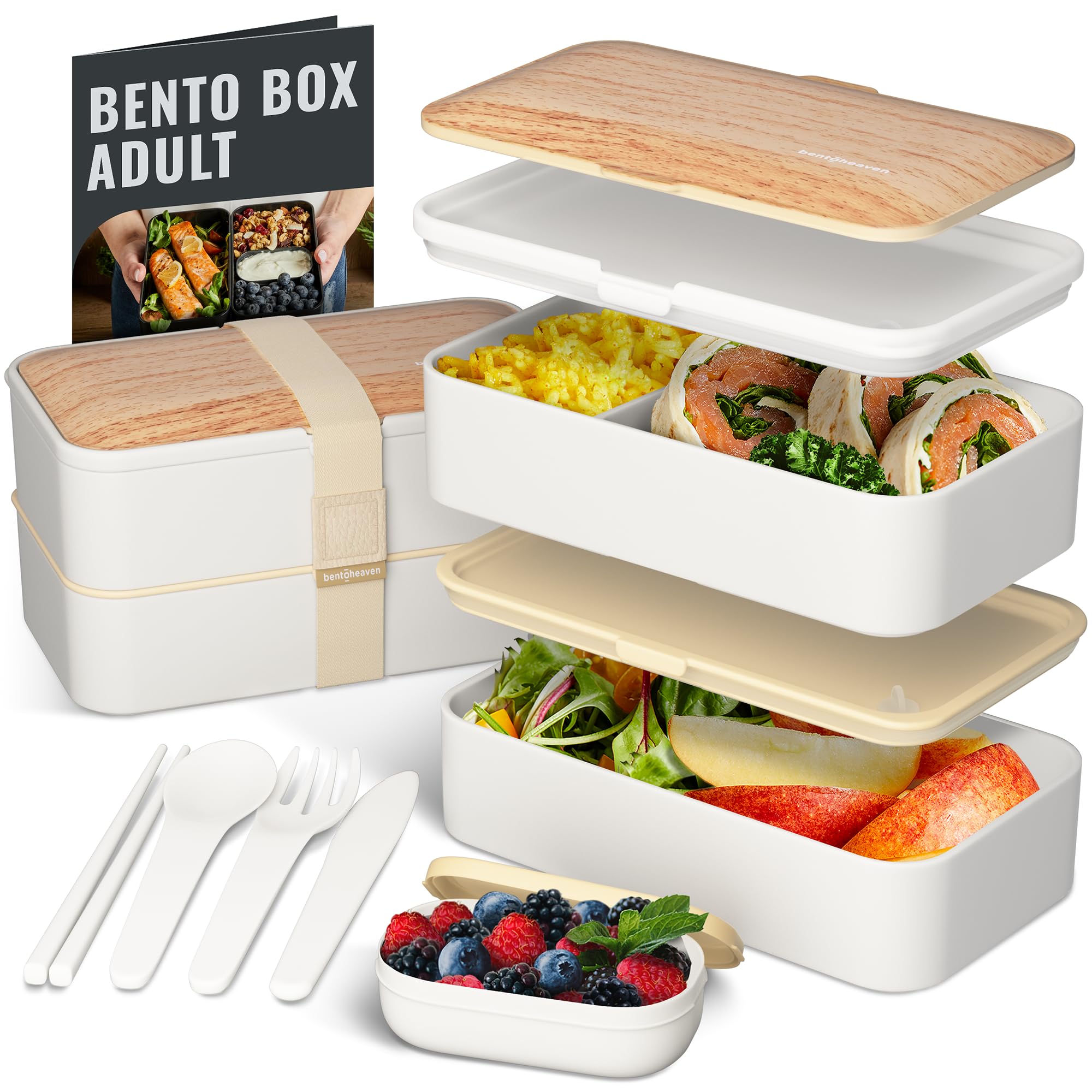 Premium Bento Box for Adults - Japanese Style Lunch Box with Compartments, Utensil Set, Chopsticks & Dip Container - Microwave Safe for Women & Men - Cute Bento Box for Kids - Ideal for Office, School & Picnics (Bright Light)