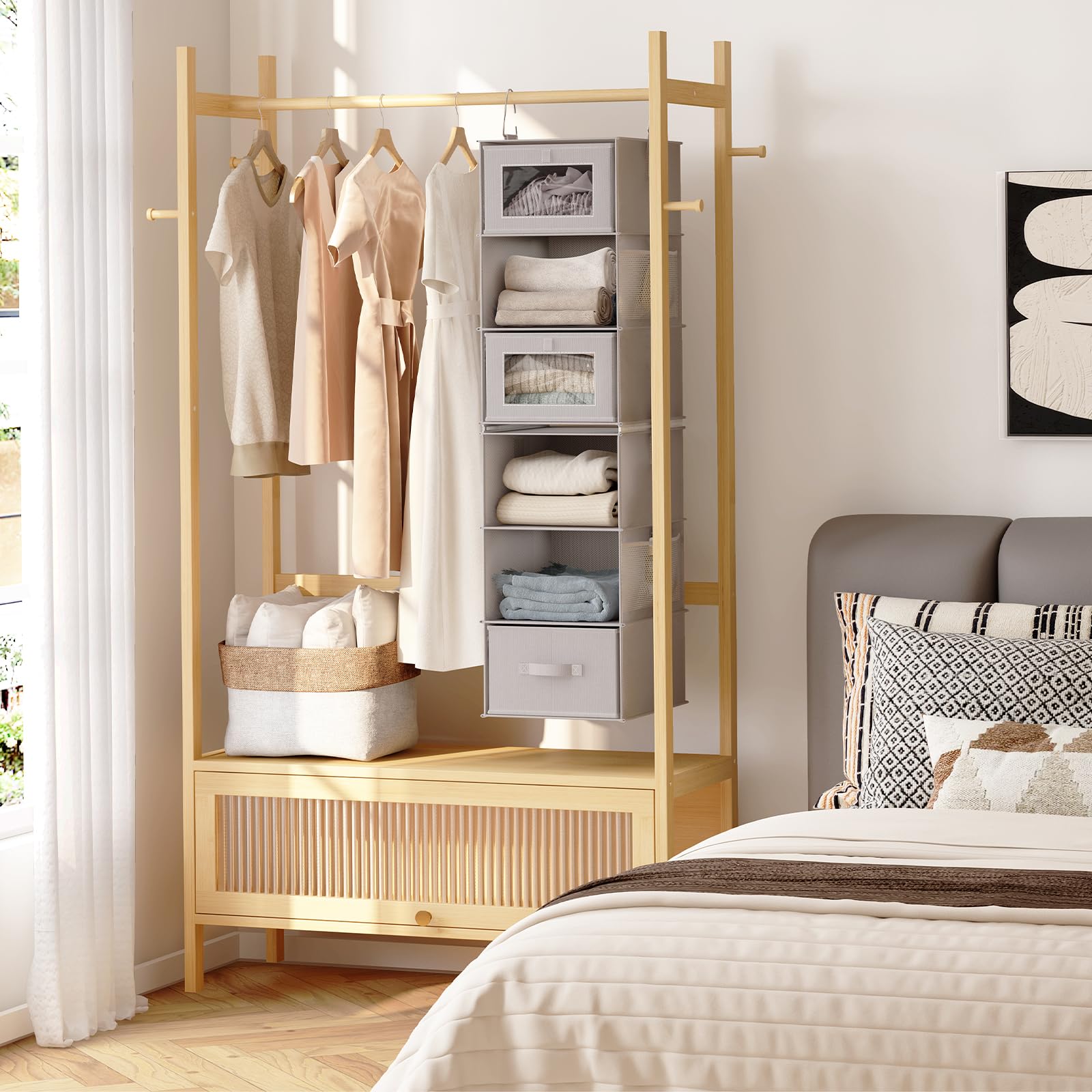 Fixwal 6-Tier Hanging Closet Organizer with 3 Drawers - Space Saving Shelves for Clothes, Shoes & Accessories - Perfect for Bedroom, Dorm & Small Space Organization (1 Pack, Gray) - Ideal for Maximizing Closet Space and Keeping Wardrobes Neat