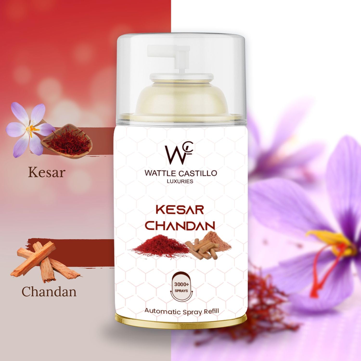 Wattle Castillo Automatic Air Freshener Refill - Relax Kesar Chandan Scent | 3000+ Sprays, Lasts 90 Days (265ml) | Perfect for Home, Office, Bathroom & Car Freshening
