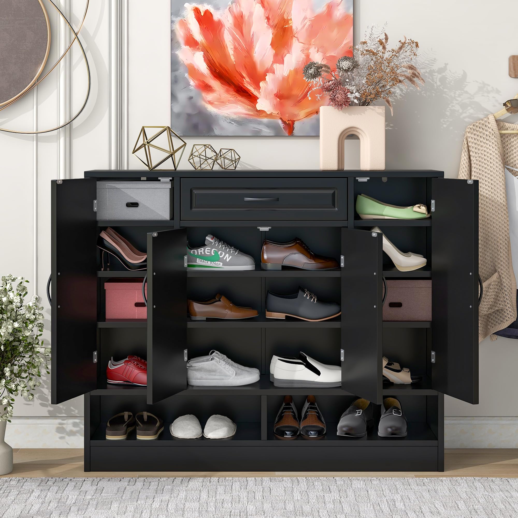 Modern Shoe Cabinet with Adjustable Shelves & Drawer - Black Shoe Storage Organizer for Entryway, Closet, Bedroom - Spacious Shoe Rack with Ample Storage Space