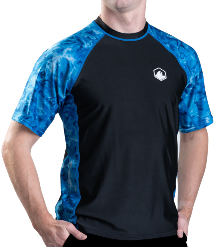 Men's UPF 50+ Short Sleeve Rash Guard Swim Shirt - Quick Dry UV Protection Aqua Design for Surfing, Swimming & Beach Activities