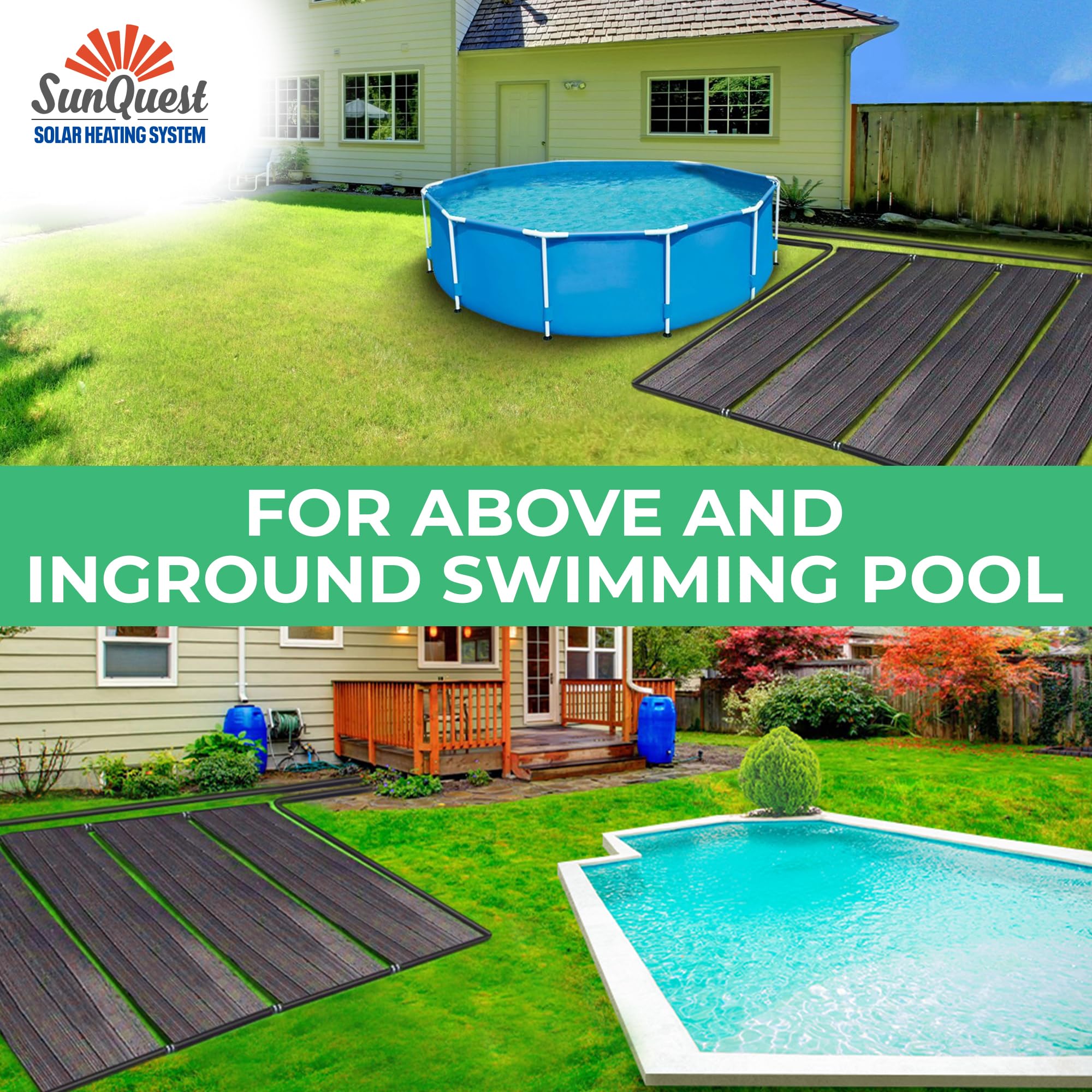 SunQuest Solar Pool Heater Panels - 2 Pack (2ft x 12ft) Solar Water Heating Collectors with Installation Kit - for Above Ground & Inground Swimming Pools - DIY Polypropylene UV-Resistant Panels | Extend Swimming Season & Reduce Energy Costs