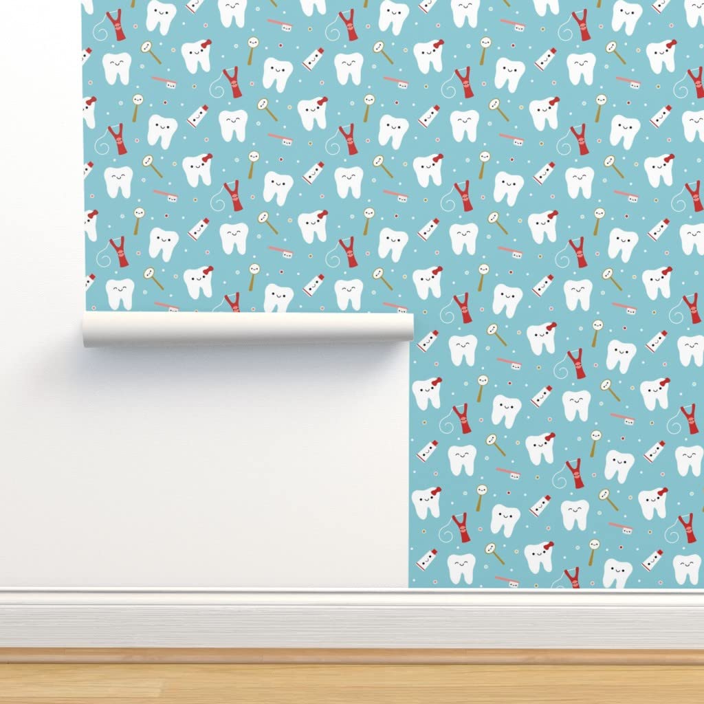 Peel & Stick Removable Wallpaper 9ft x 2ft - Cute Dental Theme with Teeth, Toothbrush & Toothpaste in Light Teal | Kawaii Dentistry Decor for Bathroom, Kids Room or Dental Office