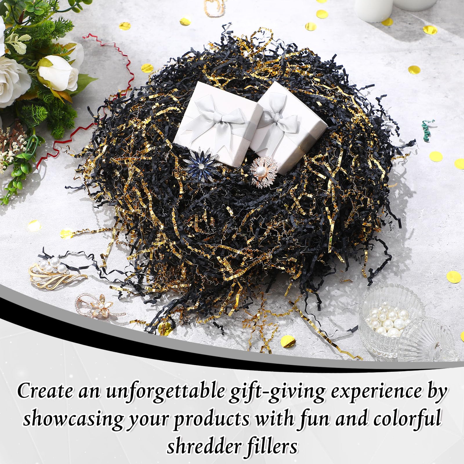 Outus 1LB Crinkle Cut Paper Shred - Metallic Gift Box Filler for Easter, Wedding & Birthday Wrapping - Premium Shredded Tissue Paper for Gift Bags, Party Decor & Craft Projects (Black & Gold)