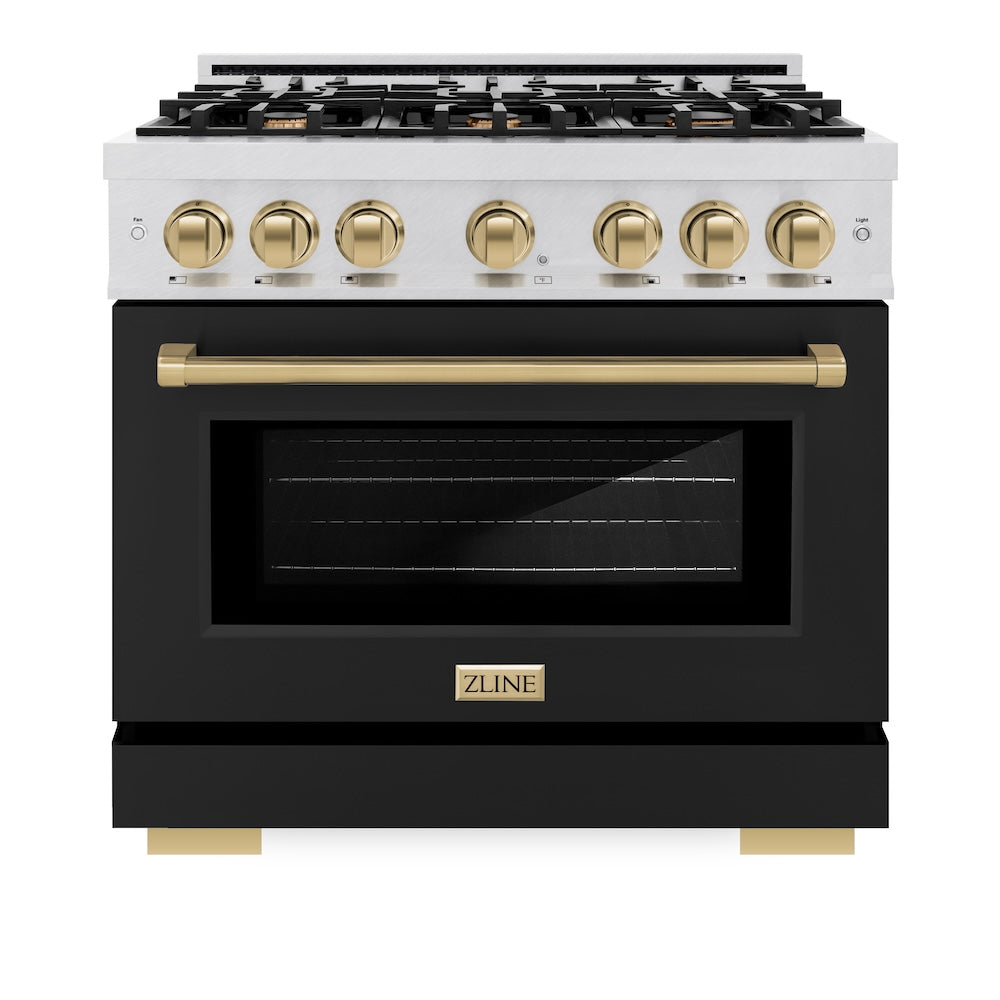 ZLINE Autograph Edition 36 Inch 5.2 Cu Ft Gas Range - 6 Burner Cooktop & Convection Oven - Satin Stainless Steel with Black Matte Door & Champagne Bronze Accents (HGRSZ BLM 36 CB) - Perfect for Professional Home Chefs & Modern Kitchens