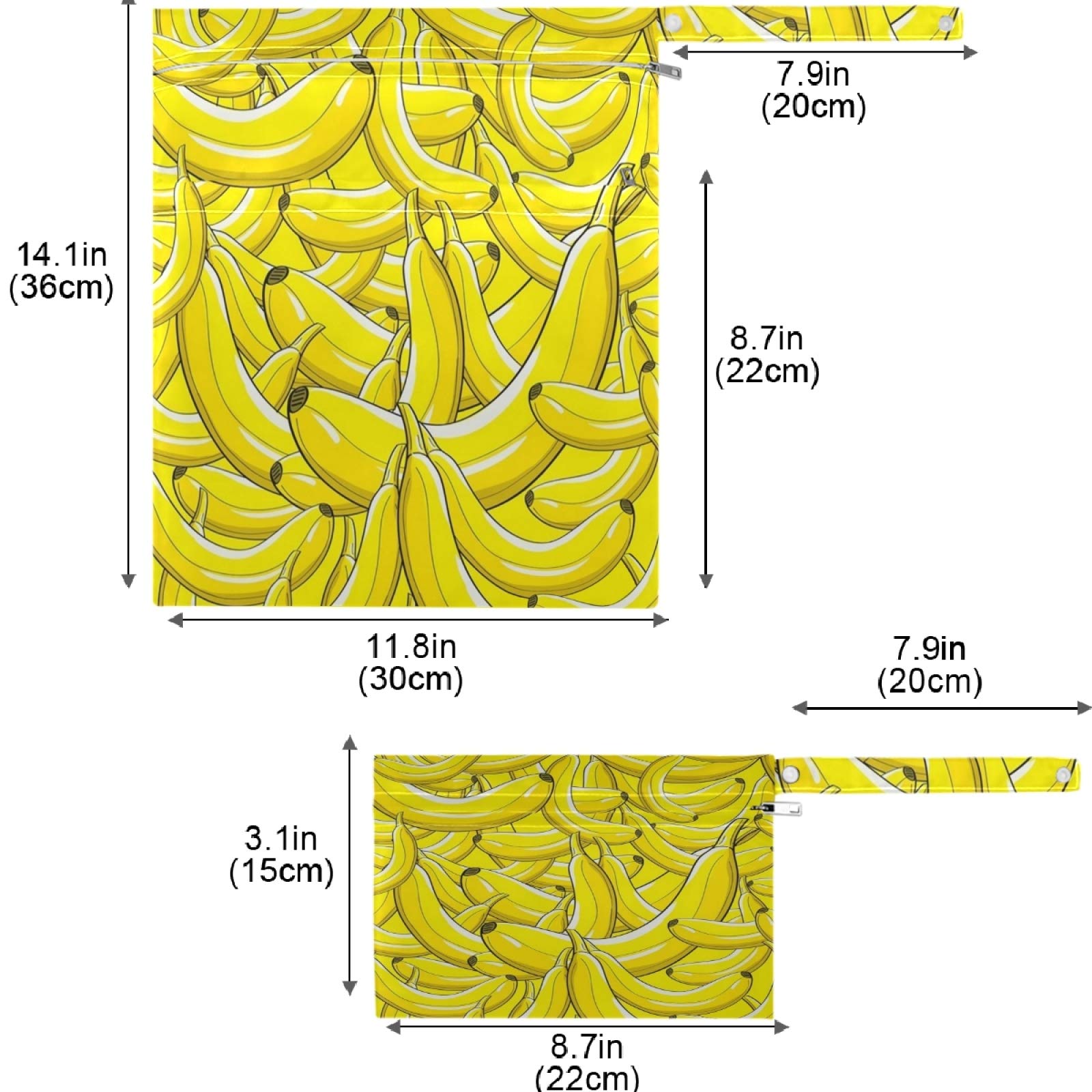 Visesunny 2-Pack Yellow Banana Wet Bags - Waterproof Washable Reusable Storage with Zipper Pockets for Travel, Beach, Pool, Gym & Daycare - Perfect for Wet Swimsuits, Diapers, Dirty Clothes & Toiletries | Great for Moms, Kids & Outdoor Activities
