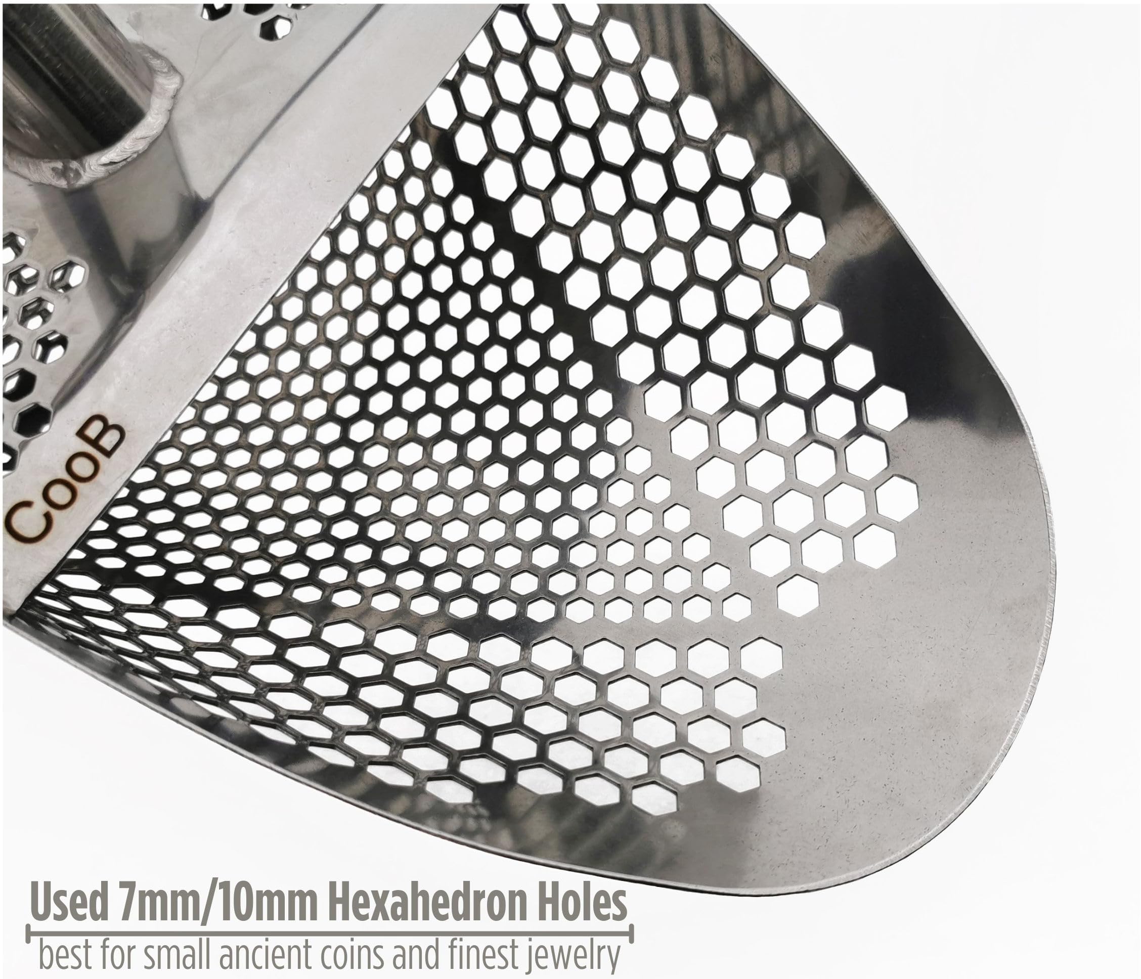 Stainless Steel Beach Sand Scoop for Metal Detecting - CooB Heavy Duty Treasure Hunting Shovel with Travel Handle Pole (Hex7 v2) | Perfect for Beachcombing, Gold Prospecting & Outdoor Adventures