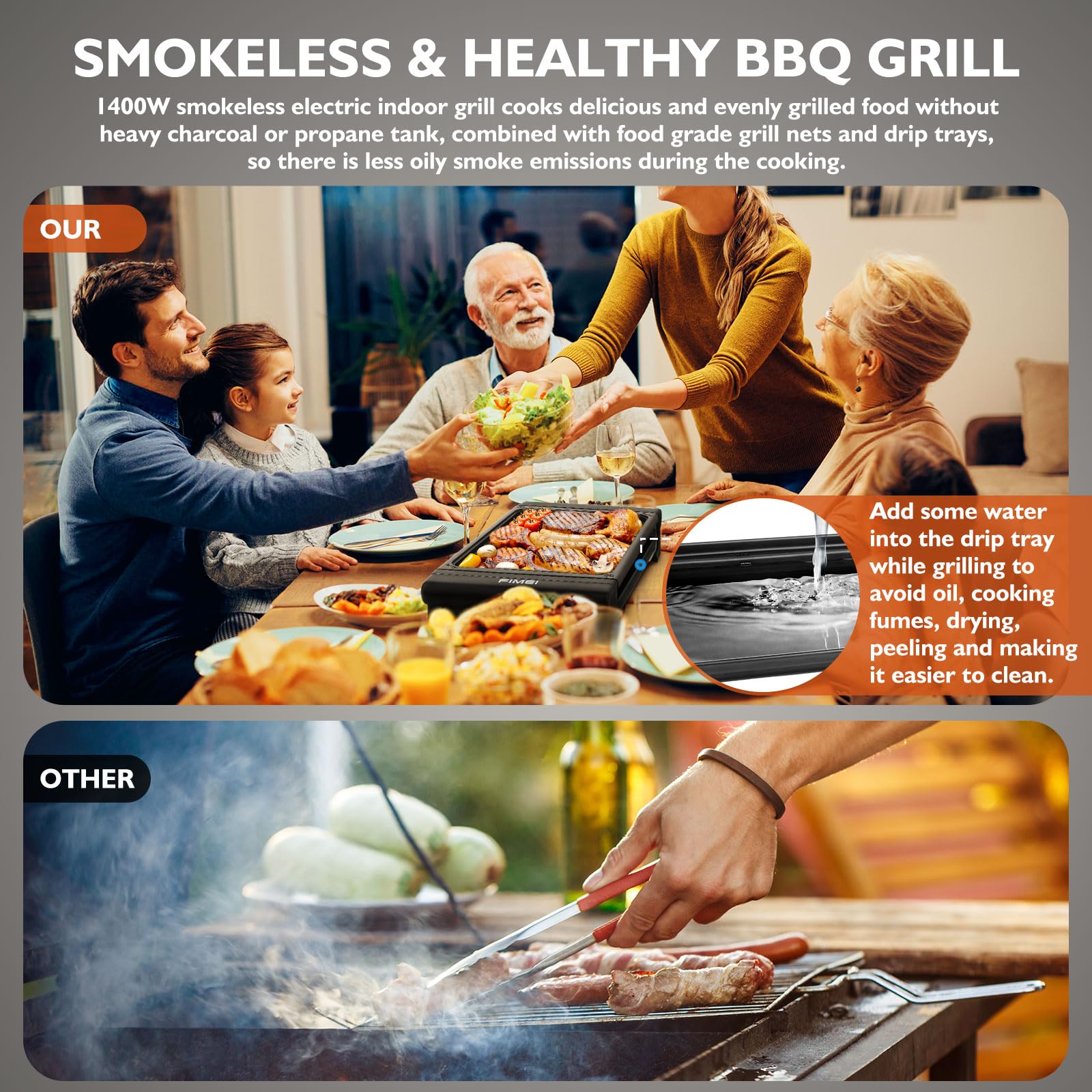 FIMEI 1400W Electric Grill - Smokeless Indoor/Outdoor BBQ Grill with 6 Temperature Settings, Non-Stick & Easy to Clean - Perfect for Backyard Parties, Camping, Apartment Balcony & Small Space Cooking