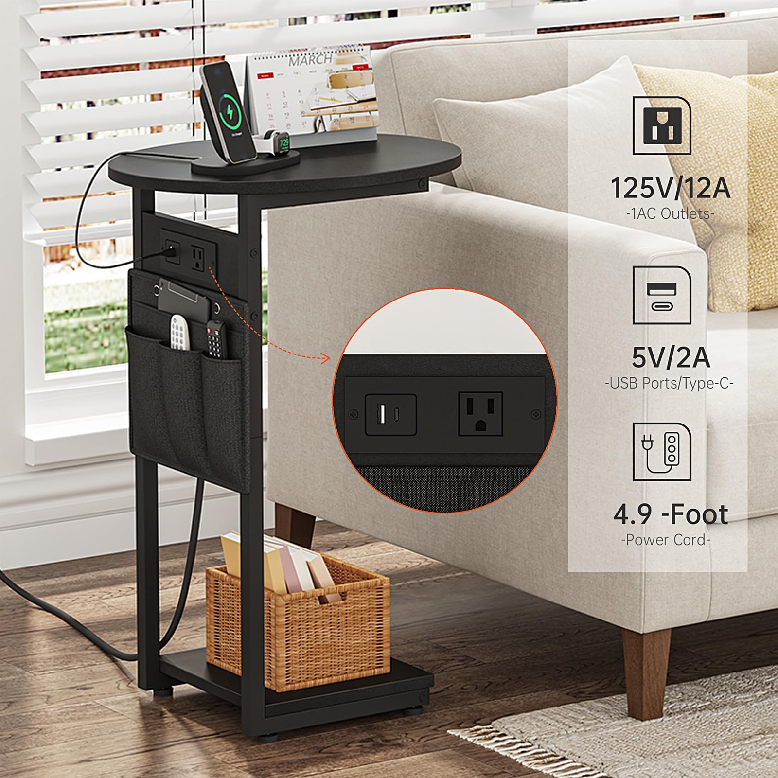 Vagusicc C-Shaped End Table with USB Charging Station - Small Side Table for Couch, Sofa & Bedroom - Round TV Tray Slide Under Sofa Table - Modern Living Room Furniture (Black) - Perfect for Small Spaces, Apartment Living & Home Office Use