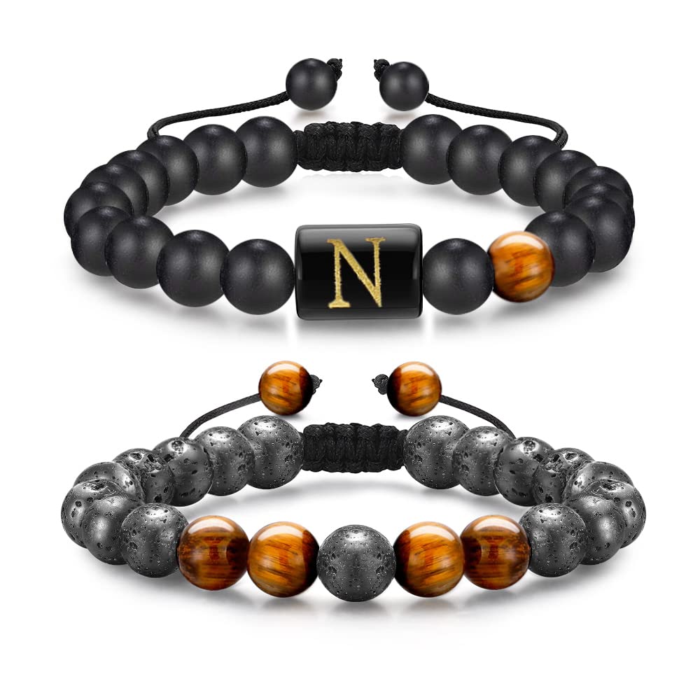 Yooblue Initial Bracelets for Men - Lava Rock & Black Matte Agate Anxiety Relief Bracelet with Adjustable 8mm Tiger Eye Beads | Stress Relief Gifts for Him, Boyfriend, Husband | Perfect for Meditation, Yoga, Daily Wear & Special Occasions