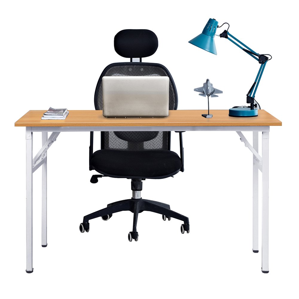 SogesPower 47-inch Folding Computer Desk - Sturdy Fully Assembled Writing Desk for Home Office, Teak & White Legs - Space-Saving Workstation for Small Rooms & Apartments