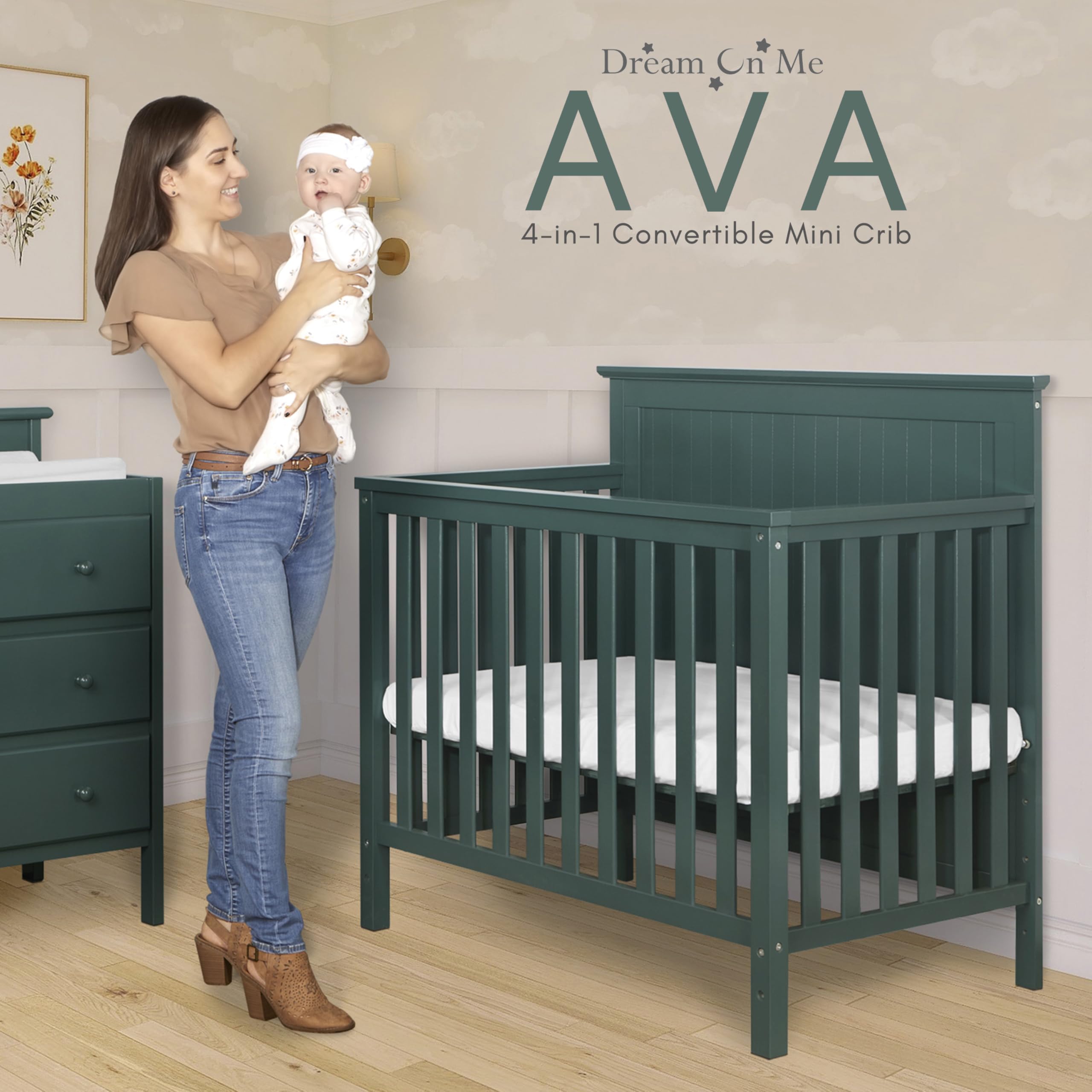 Dream On Me Ava 4-in-1 Convertible Mini Crib in Olive | Greenguard Gold Certified & Non-Toxic Finish | Includes 1