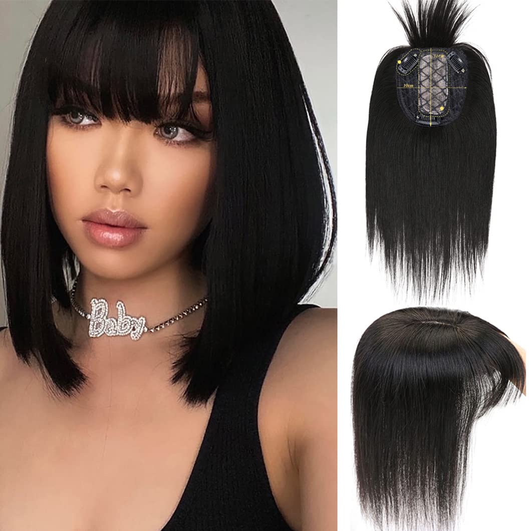 Eree 10x11cm Human Hair Topper with Fringe - Silk Base Crown Hairpiece for Women | Clip-in Hair Extensions & Wiglet for Thinning Hair | 12