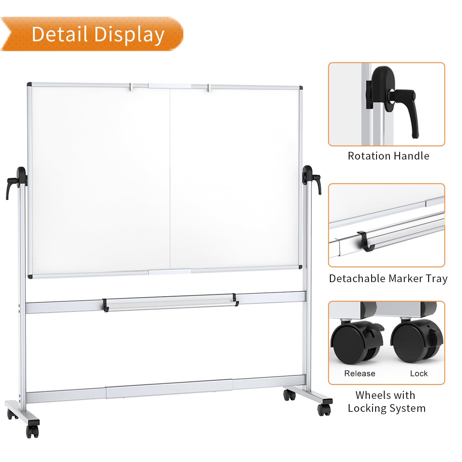 VIZ-PRO 72x40 Inch Double-Sided Magnetic Whiteboard - Mobile Dry Erase Board with Aluminum Frame, Wheels & Stand - Perfect for Classrooms, Offices & Home Use