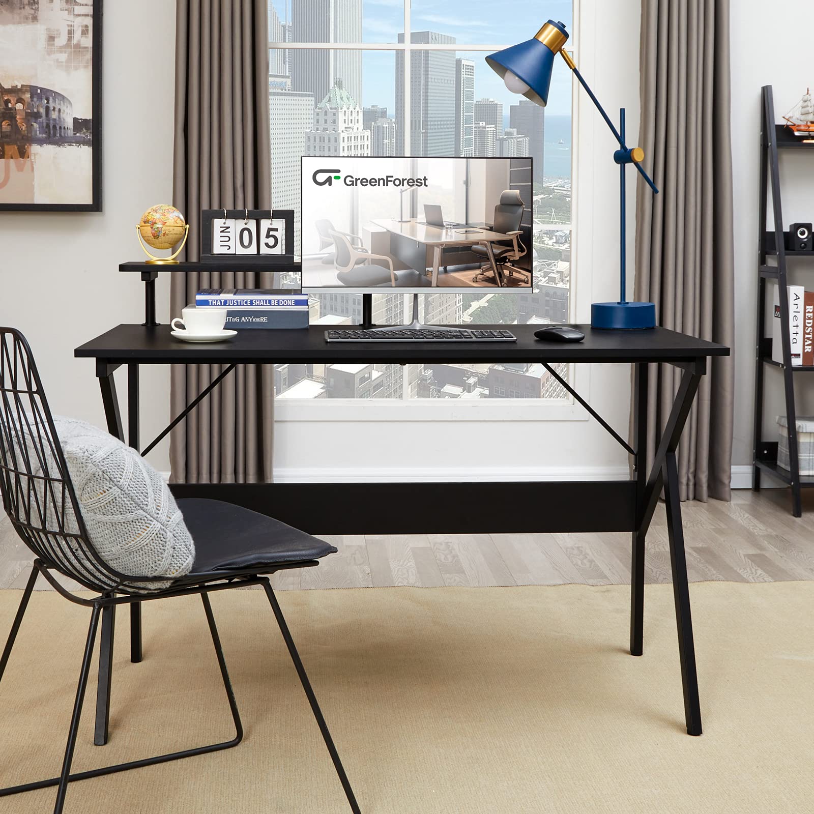 GreenForest 47-inch Home Office Desk with Monitor Shelf - Ergonomic Computer Gaming Desk, Study Writing Table for Workstation (Black) - Perfect for Small Spaces & Remote Work Setup