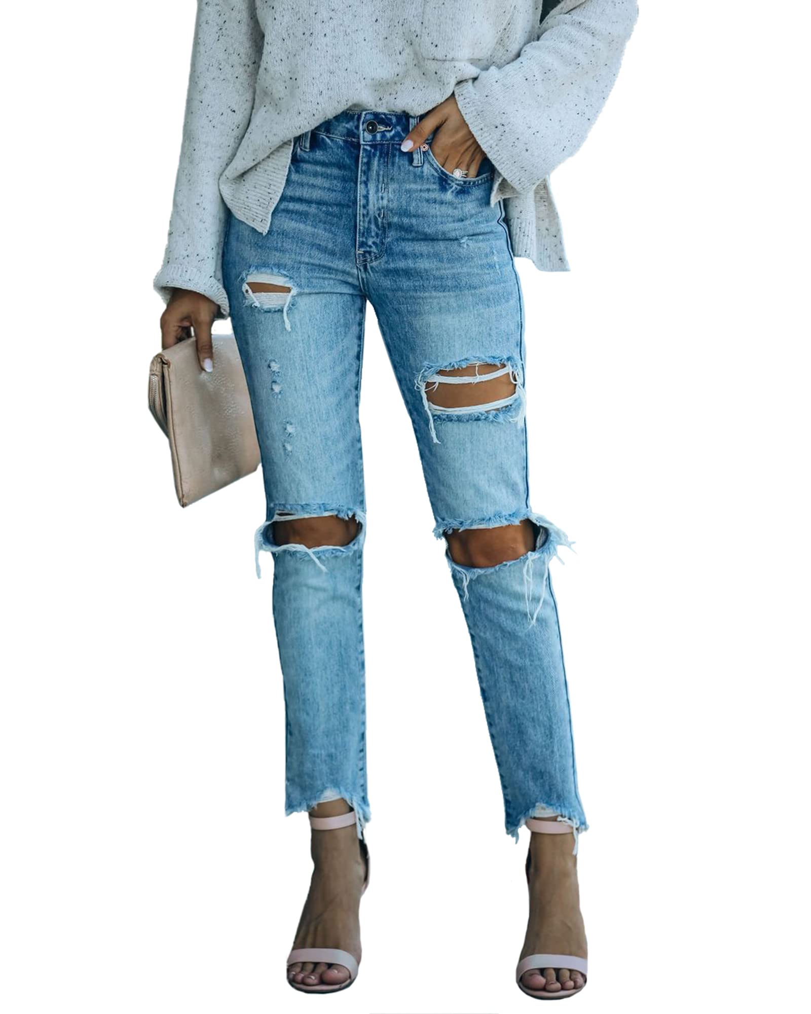 Women's Ripped Boyfriend Jeans - Distressed Denim Pants with Holes & Ankle Length | Casual Streetwear, Weekend Outfits, Fashion Layering