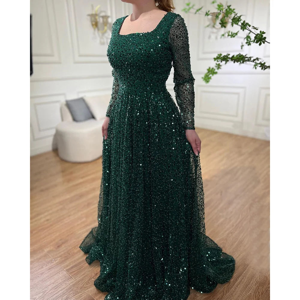 Elegant Dubai Arabic Green A-Line Luxury Evening Gown with Beaded Long Sleeves for Women - Perfect for Weddings, Galas & Formal Parties 2025 LA70271 | Serene Hill Collection