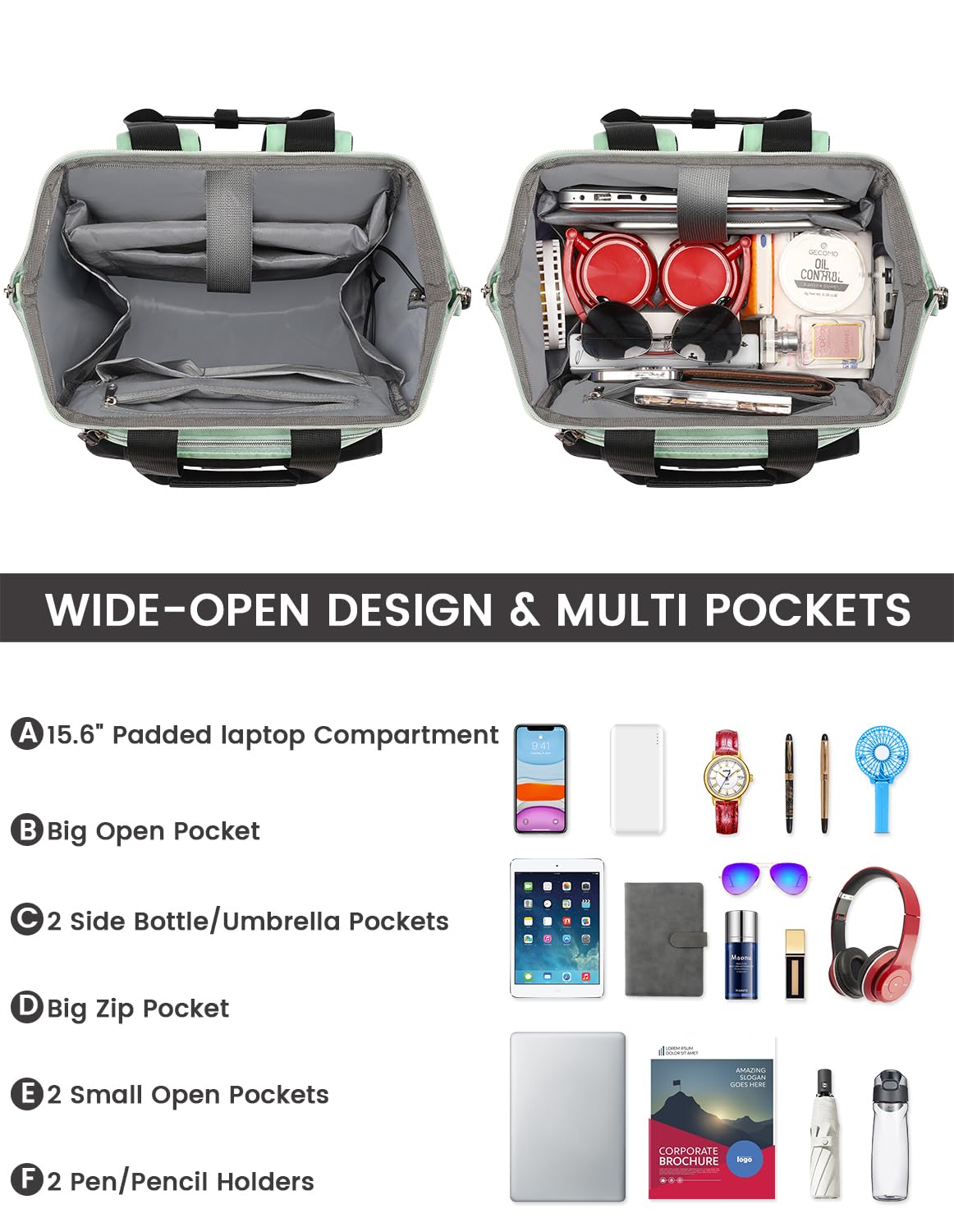 Stylish Women's Laptop Backpack with USB Charging Port - 15.6 Inch Anti-Theft College Backpack for Work & Travel - RFID Protection Shoulder Bag in Green & Black | Perfect for Students, Teachers & Business Professionals | Ideal for Commuting, Campus Use & Business Trips