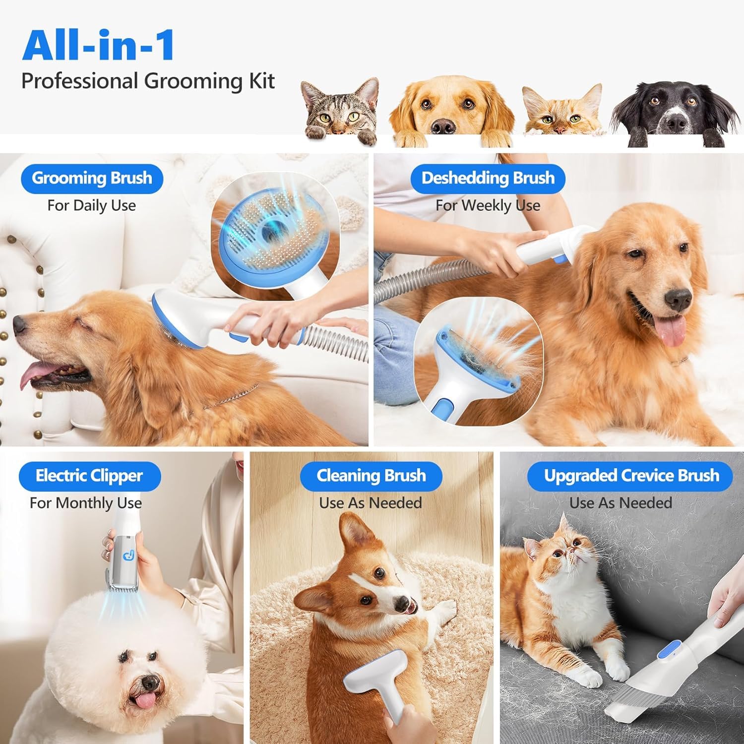 Professional Pet Grooming Vacuum Kit - 13.4Kpa Strong Suction Dog & Cat Groomer with 5 Attachments for 99% Hair Removal, 2L Large Capacity for Home Cleaning - Perfect for Shedding Pets & Allergy Relief