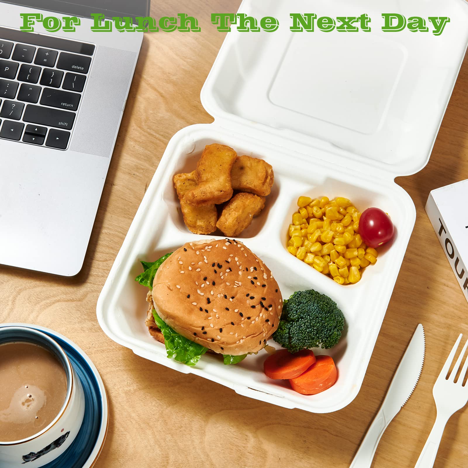 Vplus 300 Pack 100% Compostable 8x8 Inch 3-Compartment Clamshell Takeout Food Containers | Eco-Friendly Disposable Bagasse To-Go Boxes for Restaurant, Catering, Meal Prep & Leftovers | Perfect for Next Day Lunch, Potluck Parties & Picnics