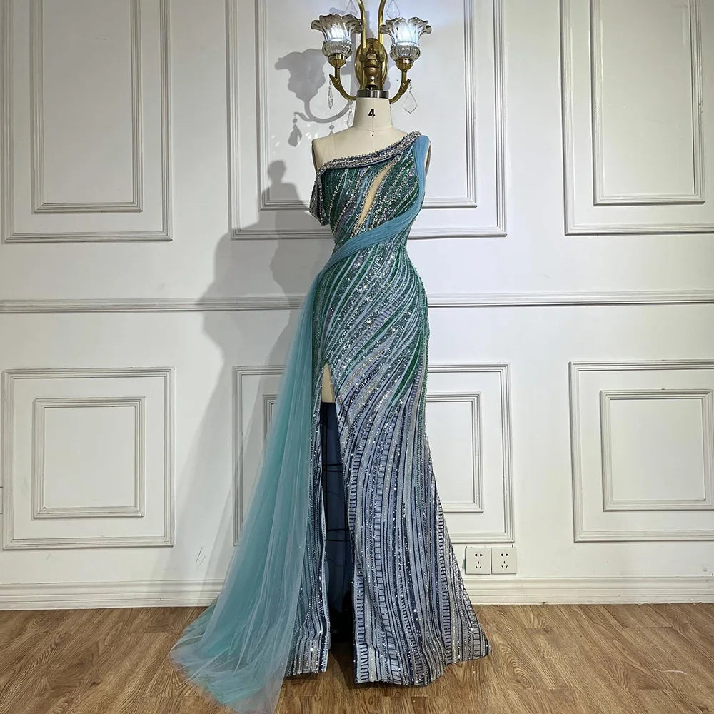 Luxury Dubai Arabic One Shoulder High Slit Blue Mermaid Gown - Beaded Saudi Evening Dress for Formal Occasions - Perfect for Weddings, Galas & Red Carpet Events LA72718